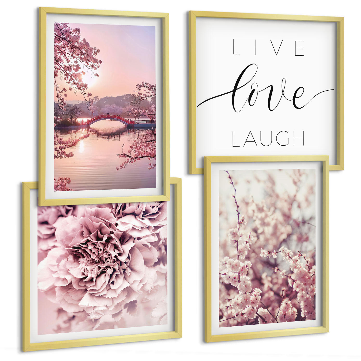 BILDER SET 4er Set - 50x50 cm & 40x60 cm Goldrahmen - Blumenbrücke – Lebensinspiration - Goldfarben, Kunststoff (50/50cm) - TULUP