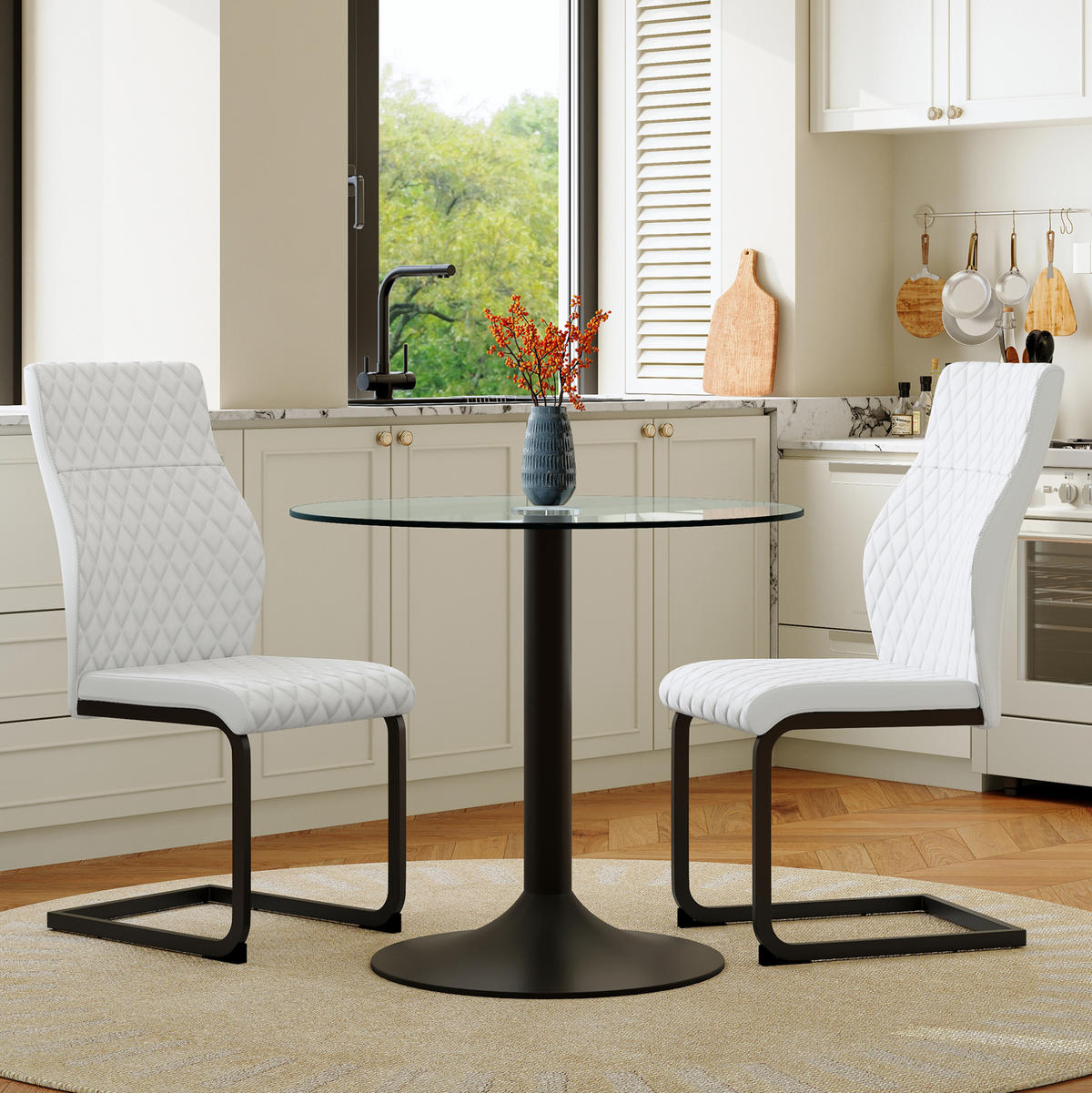 TISCH-STUHL-SET mit Glastisch und 2 Stühlen Schwarz Weiß - Schwarz, Metall (85/76/85cm) - Meubliv
