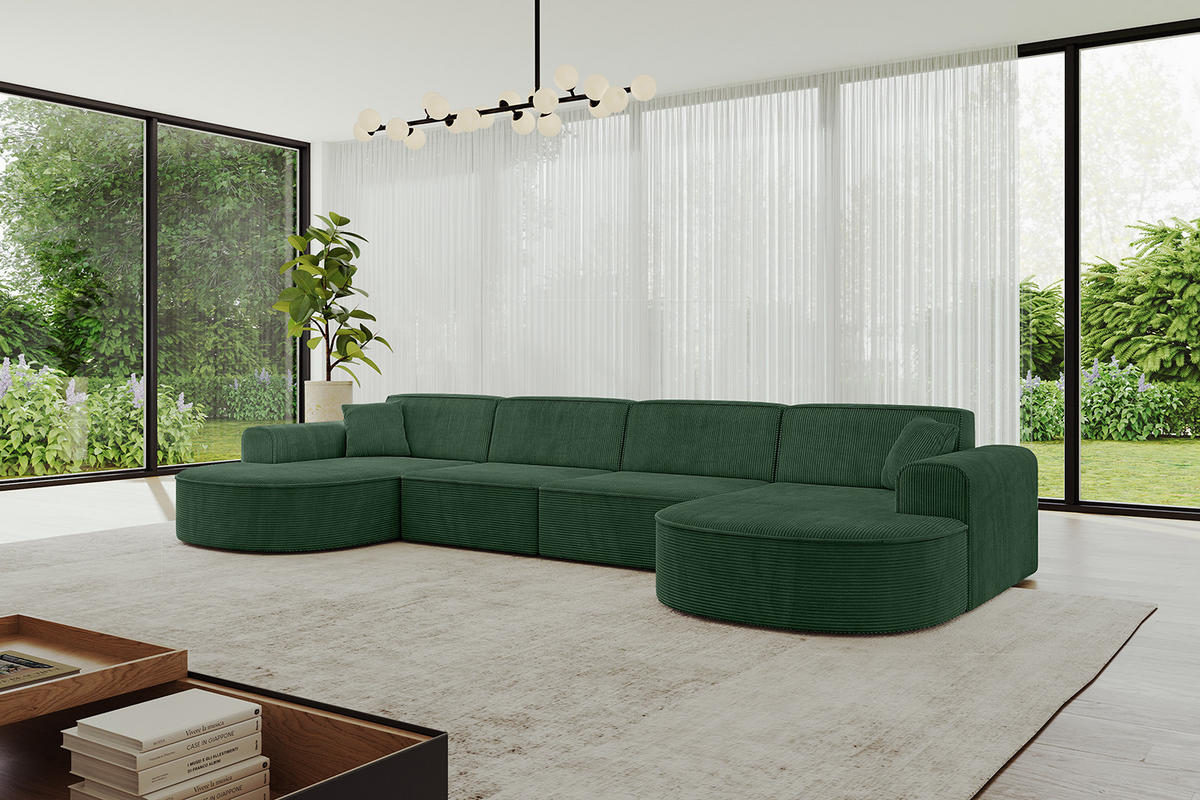 WOHNLANDSCHAFT MARI-U2 - 380x163x73,5 cm Grün Cord - Schwarz/Grün, Holzwerkstoff/Kunststoff (380/73.5/163cm) - ALTDECOR