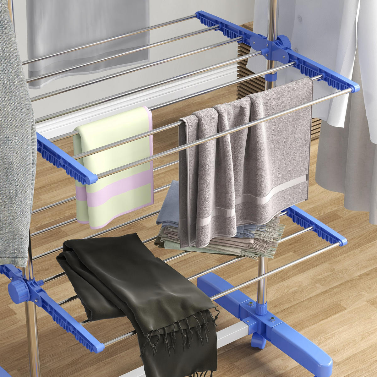 WÄSCHESTÄNDER DE-09794 5 Ebenen, klappbar mit 6 Rollen Blau+Silber - Blau, Metall (142/172/55cm) - ComfortXL
