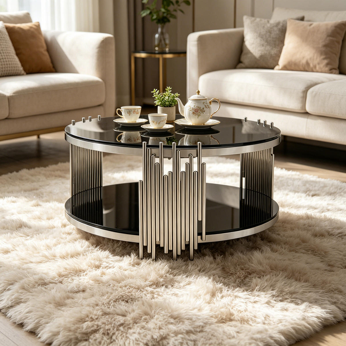 COUCHTISCH in Schwarz Runder Wohnzimmer für Wohnzimmer / Zuhause / Büro - Silberfarben/Schwarz, Glas/Holzwerkstoff (80/80/45cm) - STILVORA