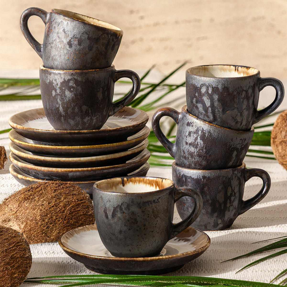 ESPRESSOTASSE PRIMA, mit Untertasse, 12-tlg, Hellbeige - Beige, Keramik (0.08L) - KONSIMO®