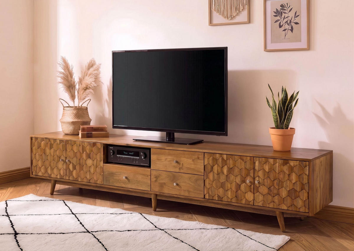TV-BOARD Akazie 260x40x49 natur lackiert MOSAYK #118 - Naturfarben, Holz (260/49/40cm) - Massivmoebel24