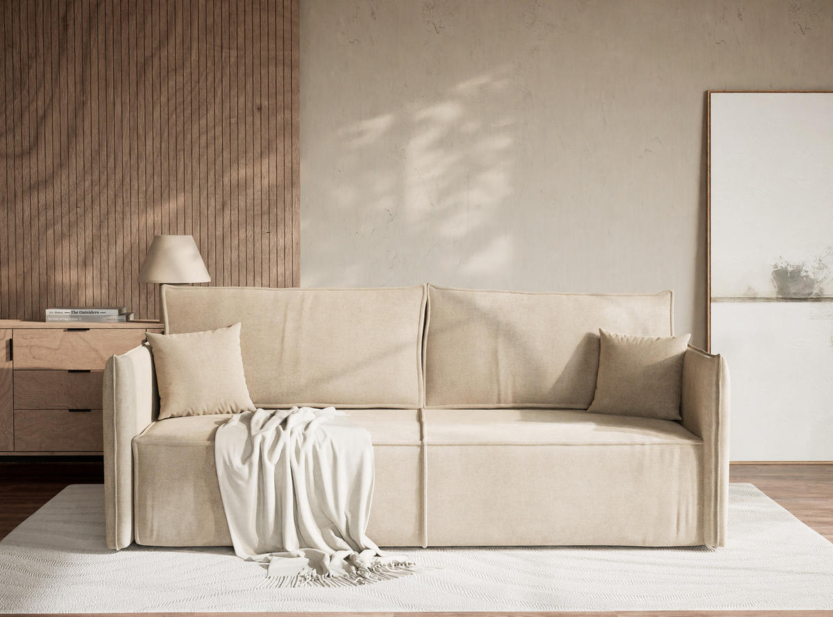 SOFA MIT SCHLAFFUNKTION Obra Beige Chenille-Stoff - Beige/Schwarz, Holz/Holzwerkstoff (220/70/107cm) - Maison de Reve