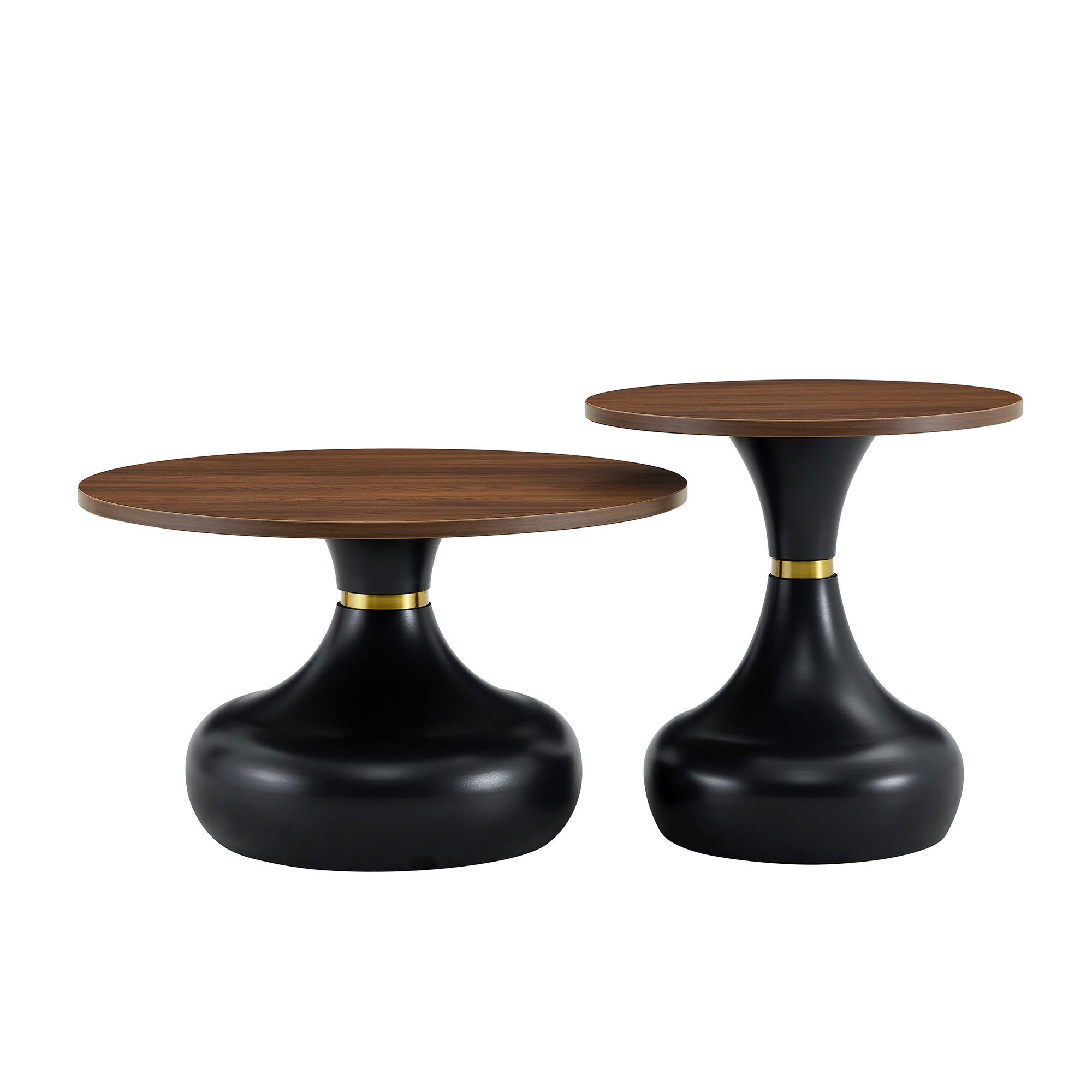 COUCHTISCH 2-tlg Rund Ø70cm/Ø50cm Sanduhrform Walnuss-Holzoptik Metallgestell - Schwarz, Metall (50/52/37cm) - Raelunyi
