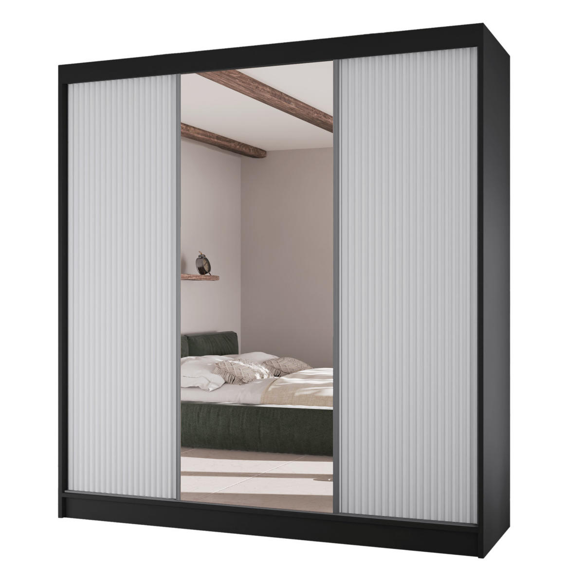 SCHWEBETÜRENSCHRANK Rafi mit Spiegel und mit geriffelten Fronten, 200 cm, Schwarz+Weiß - Schwarz/Weiß, Holzwerkstoff (200/215/61cm) - AN-Moebel 4u