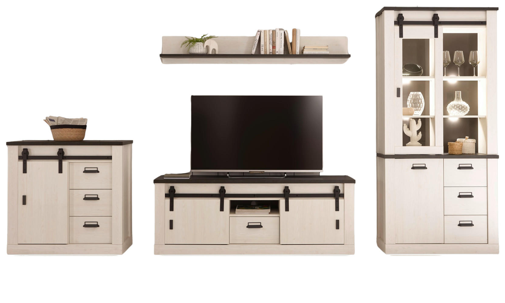 WOHNWAND weiß Pinie, anthrazit Landhaus, Wohnkombination 4-teilig 388 cm - Anthrazit/Weiß, Holzwerkstoff/Metall (388/201/43cm) - Furn.Design