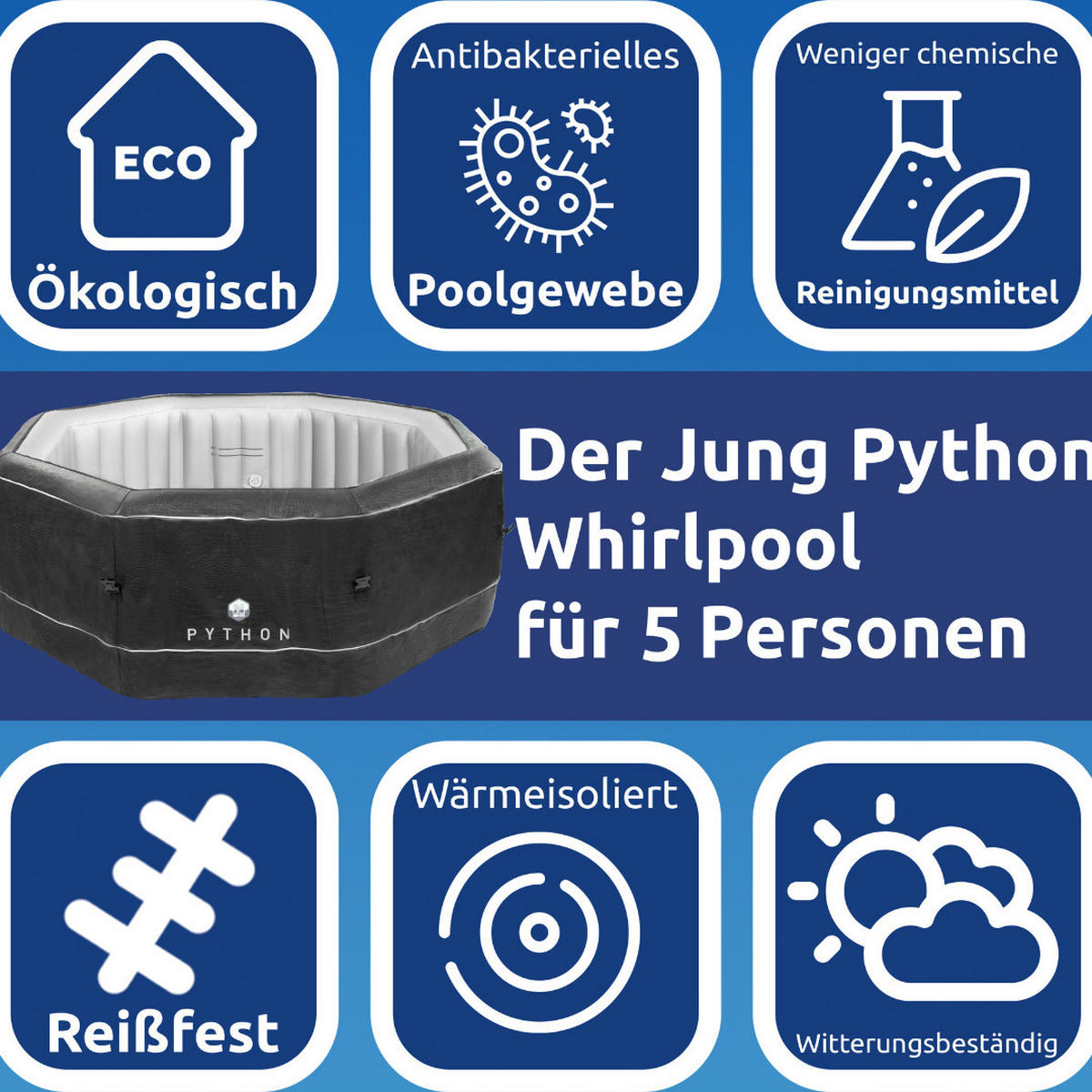 WHIRLPOOL, Aufblasbar, Achteckig, Beheizbar, Outdoor, Indoor, SPA, 5 Personen, 130 Luftdüsen, Selbstaufblasend, Winterfest, Jacuzzi, Wellness - Schwarz, Kunststoff (193/70/193cm) - JUNG