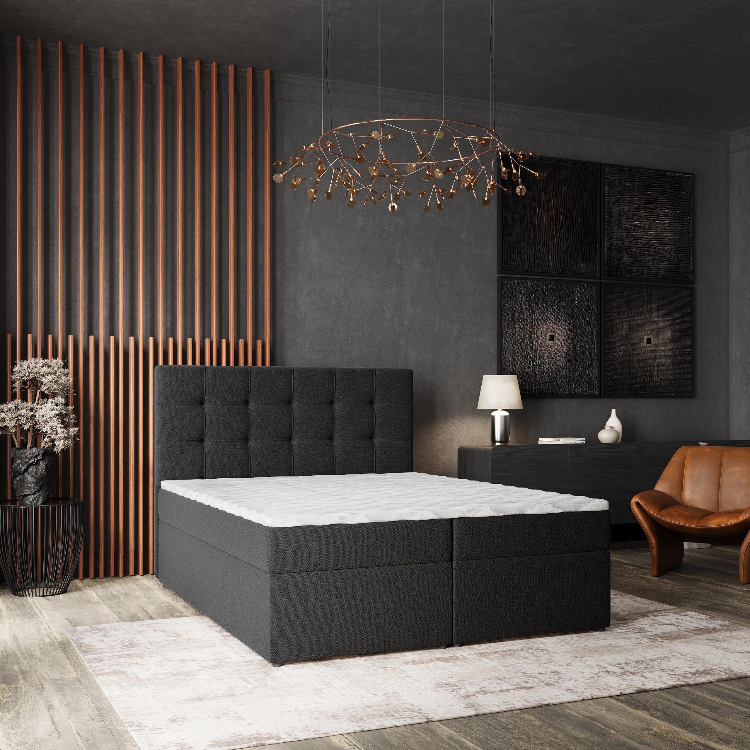 BOXBETT PALMA 160x200 cm mit Matratze und Topper, H2+H3 - Schwarz - Schwarz, Holz (160/200cm) - MASSENO