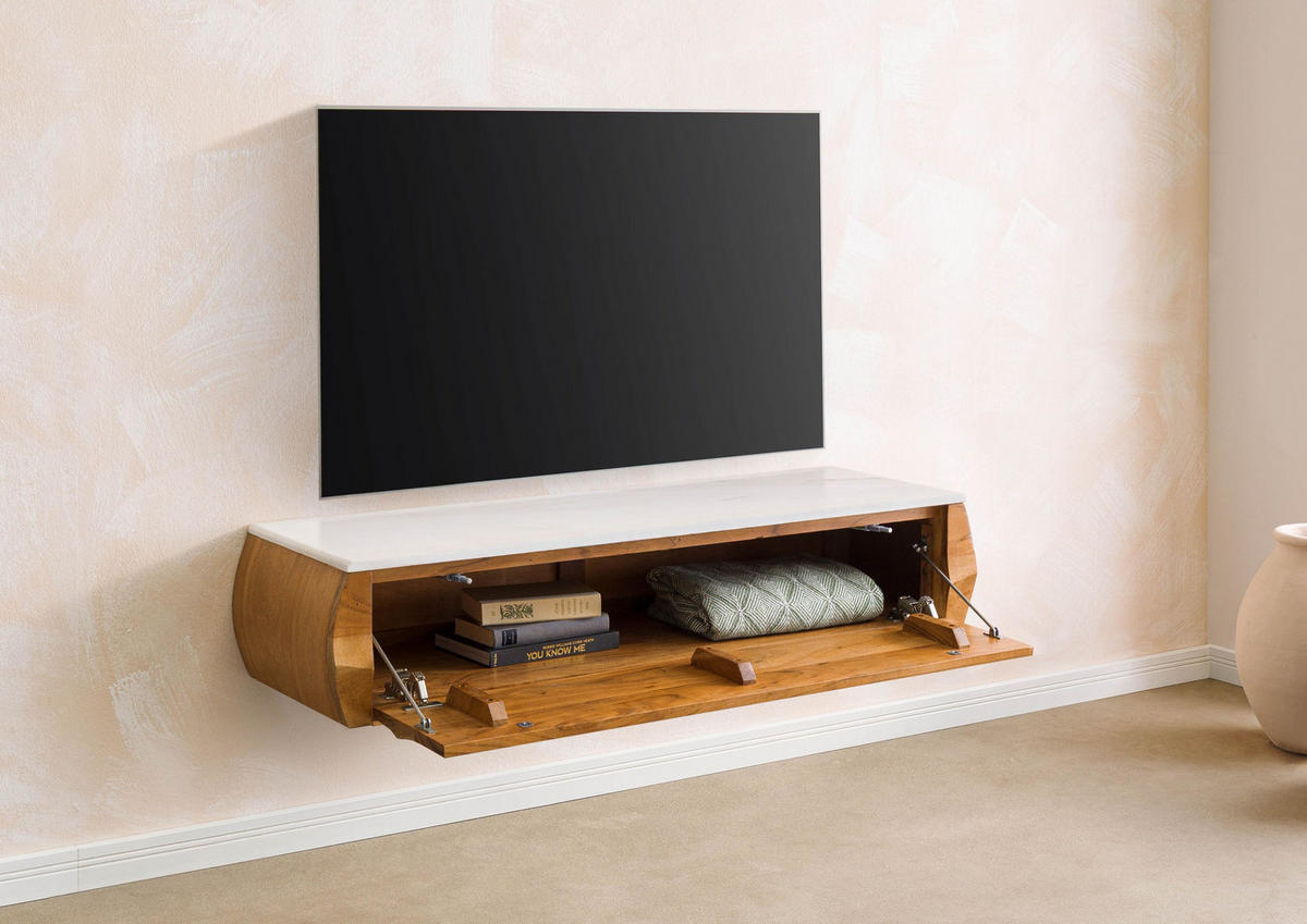 LOWBOARD Akazie 124x40x25 natur lackiert / Marmor weiß MONTREAL #132 - Naturfarben, Holz (124/25/40cm) - Massivmoebel24