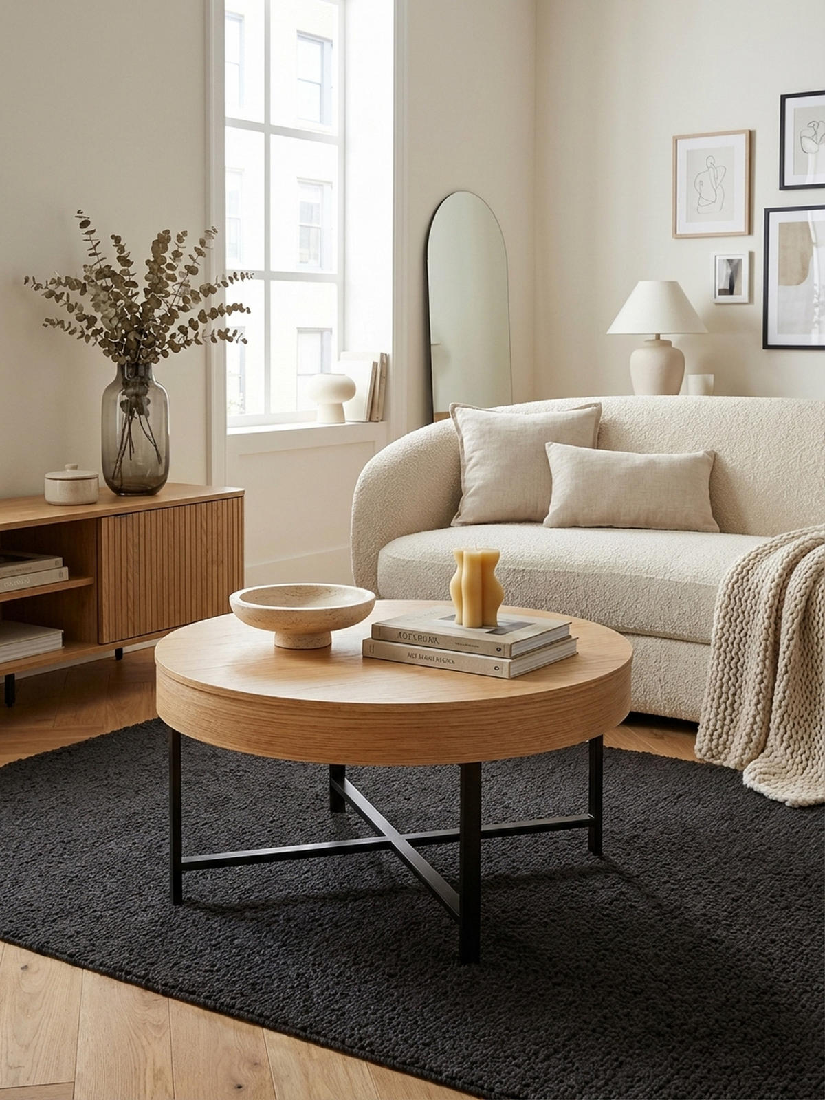 COUCHTISCH in Holzoptik mit Metallbeinen, Rund, Stauraumfunktion, Maße 69x49x69 cm - Schwarz/Braun, Holz/Metall (69/69/49cm) - KADIMA DESIGN