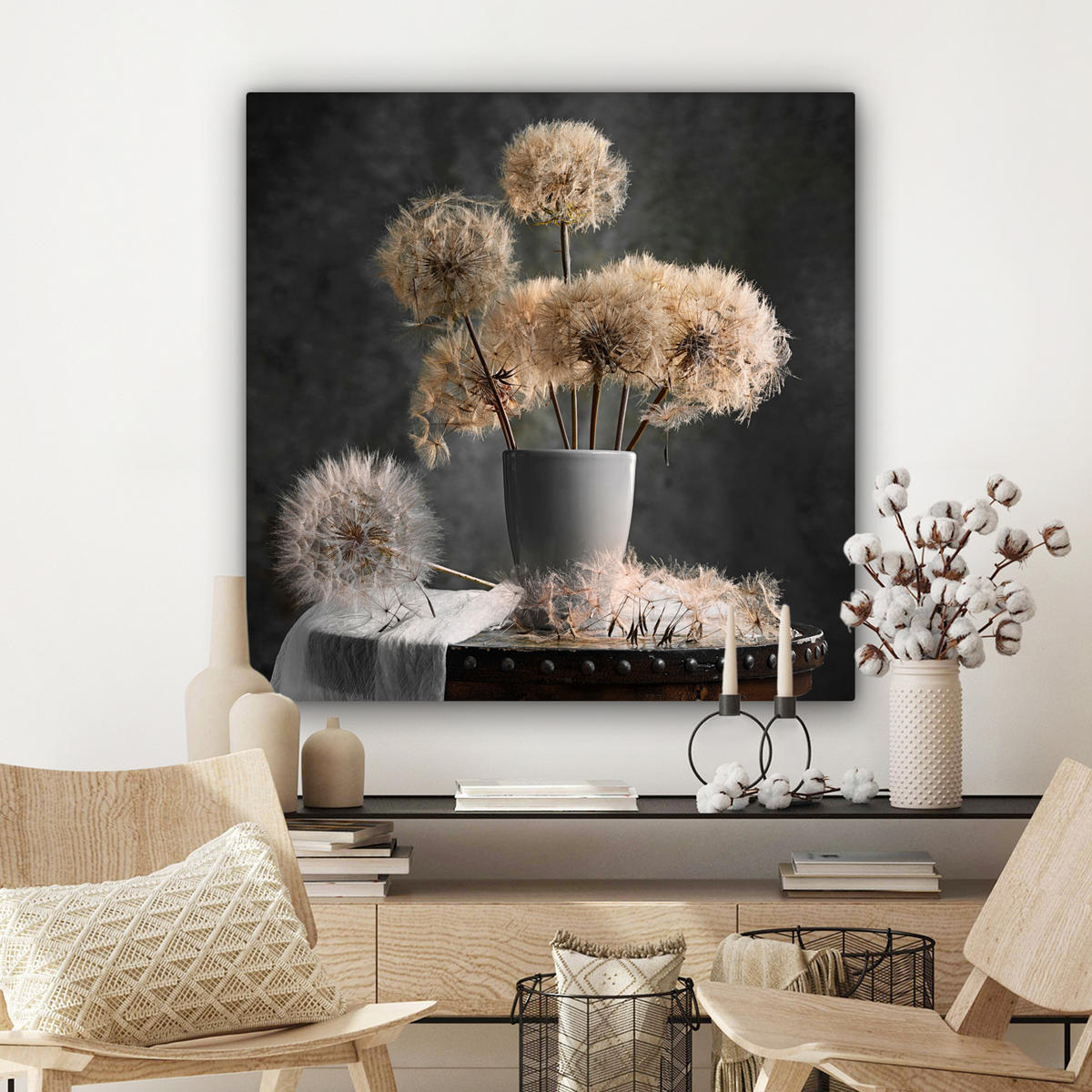LEINWANDBILD Blumensamen - Löwenzahn - Vase - Stilleben - Blumenstrauß Deko Groß 90x90 cm - Dunkelgrau, Textil (90/90cm) - MuchoWow