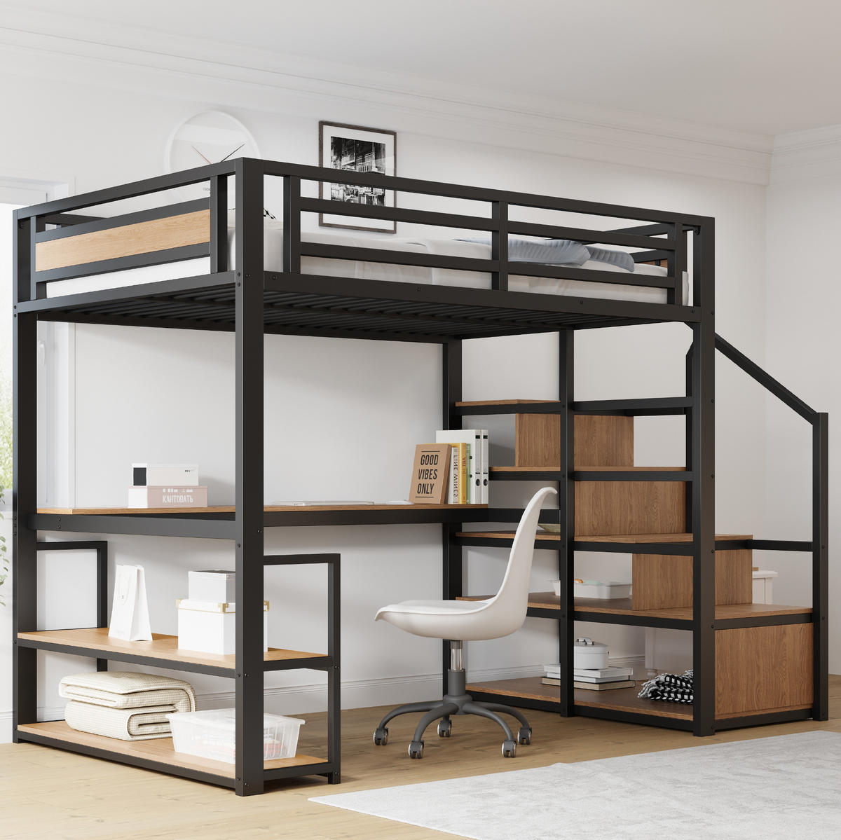 HOCHBETT aus Metall und MDF 140x200 cm Schwarz mit Regalen, Tisch und Aufbewahrungsleiter - Schwarz, Metall (90/200cm) - Modfu