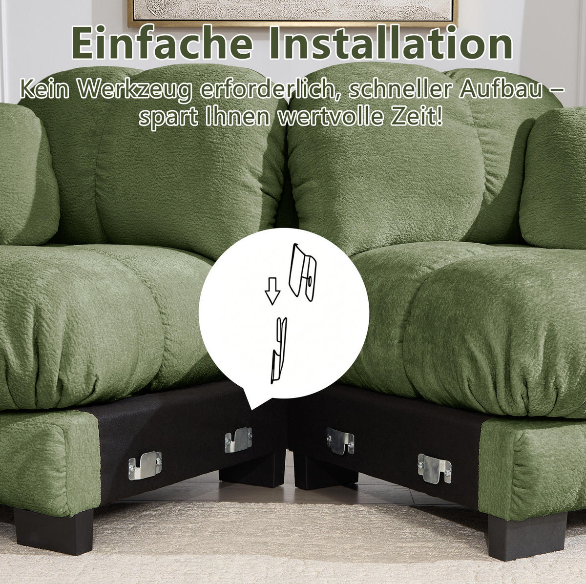 SOFA 260/149/90 cm in Grün aus Chenille mit Ottomane und 2 Kissen - Grün, Textil (149/90/260cm) - Flora Grace