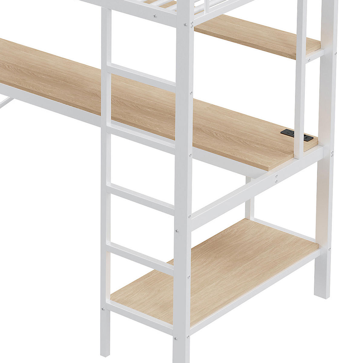 HOCHBETT 90/200 cm mit Geländer USB und LED-Beleuchtung, Schreibtisch und Regalen - Weiß, Metall (90/200cm) - OKWISH