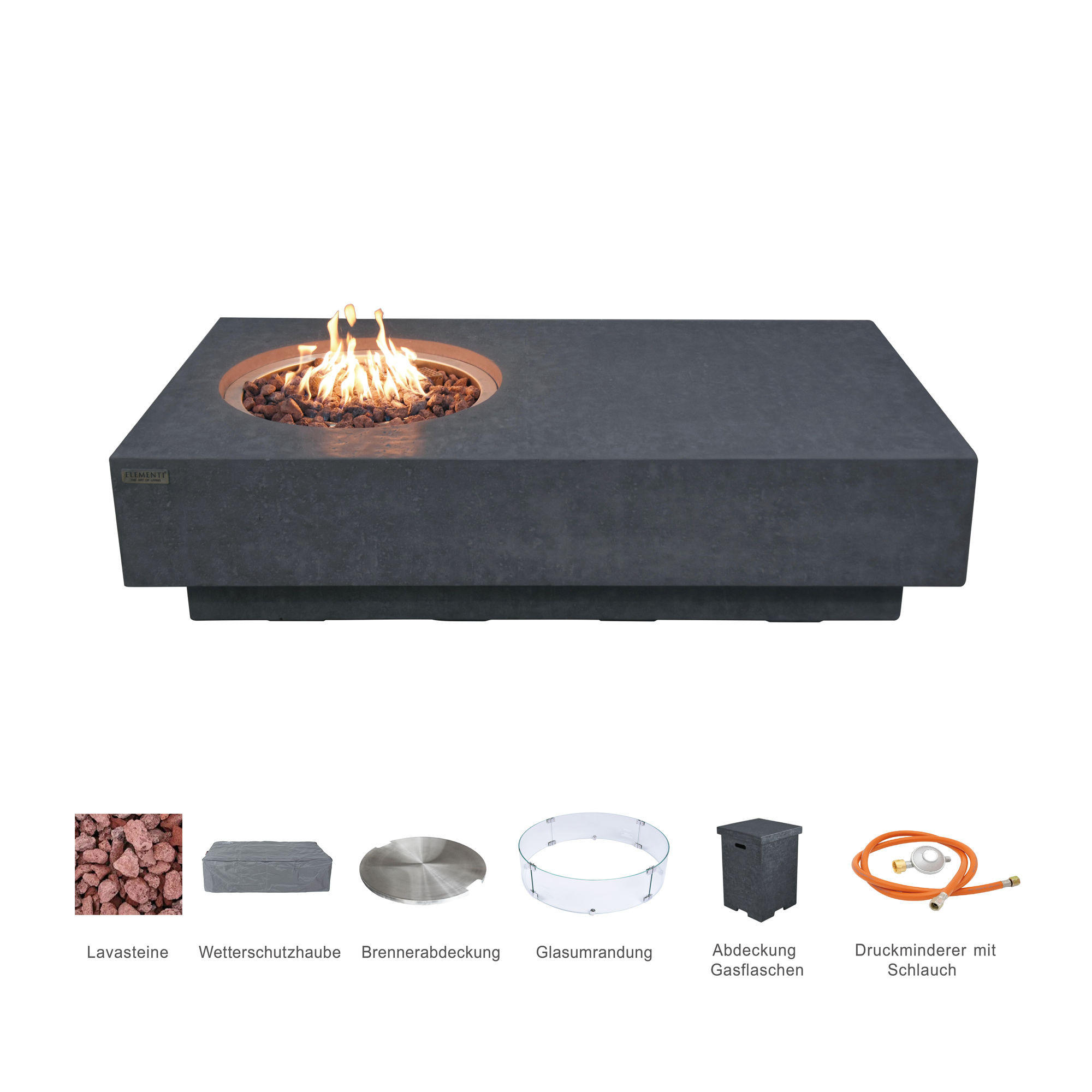 FEUERTISCH Metropolis Gasfeuerstelle aus GF-Beton - 4-tlg. Set inkl. Glasumrandung, Brennerabdeckung und Gasflaschen-Abdeckung - Dunkelgrau, Naturmaterialien (81/35/142cm) - Elementi