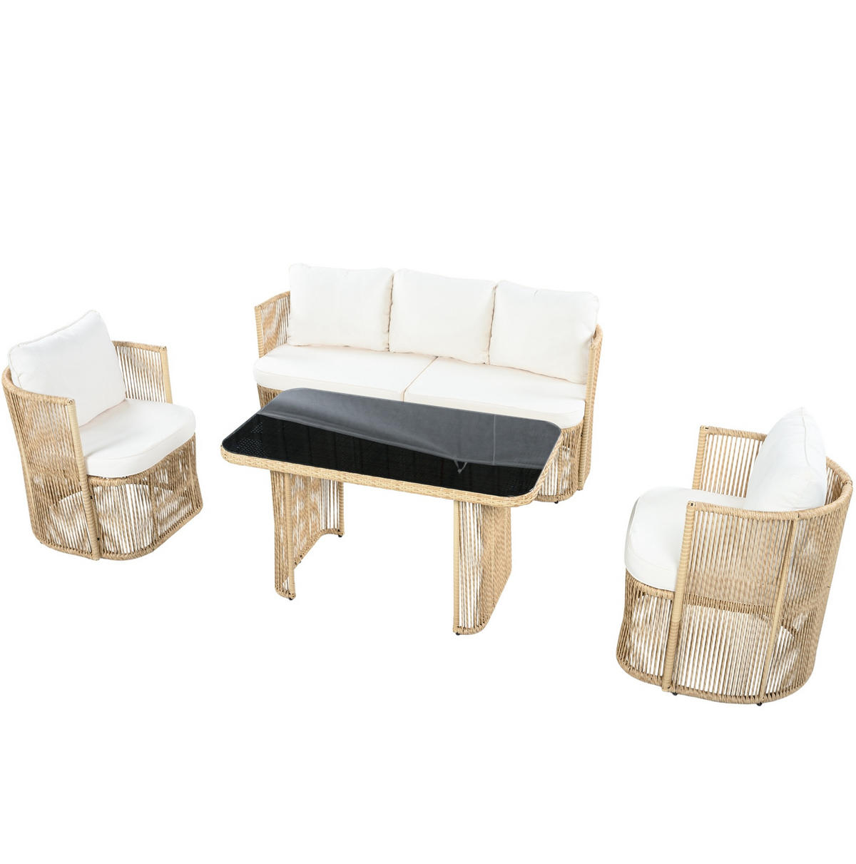 GARTENMÖBEL-SET 172,5/69/75 cm mit 3-Sitzer-Sofa, 2 Sesseln und Glastisch aus PE-Rattan, Beige/Schwarz/Weiß - Beige, Metall - Redom