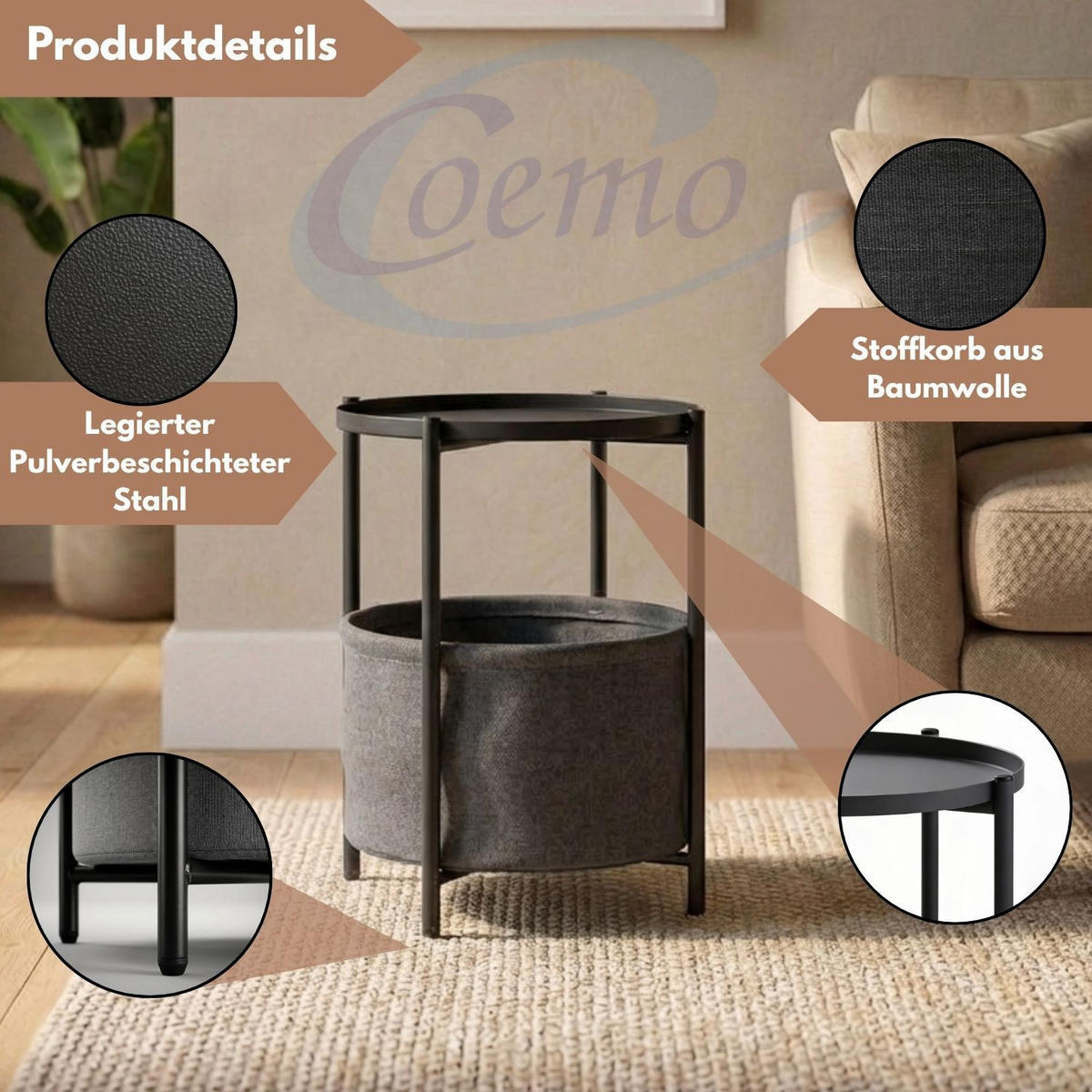 COUCHTISCH NINA Metall mit Aufbewahrungskorb Canvas Schwarz - Schwarz, Metall (45/45/48cm) - Coemo