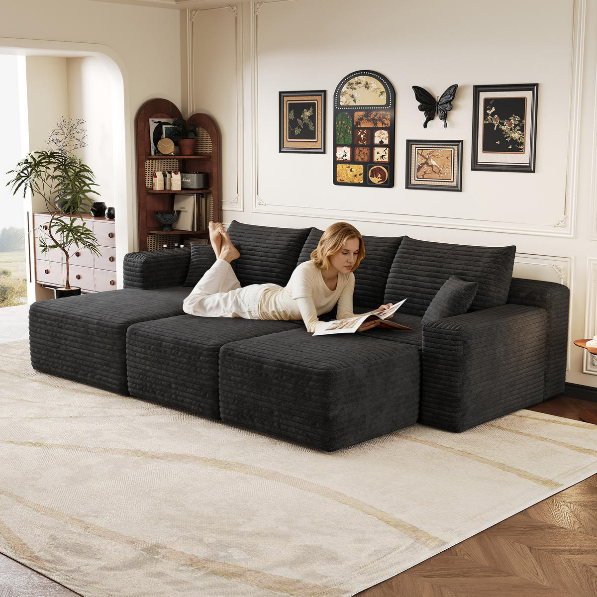 WOHNLANDSCHAFT Cord Schwarz ohne Montage - Schwarz, Textil (241/58/151cm) - WISHDOR