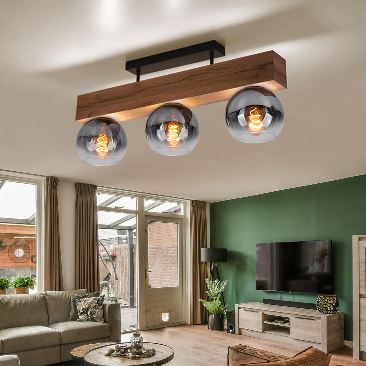 DECKENLEUCHTE MOITAS Braun Holzoptik - Braun, Glas (65/15/28cm) - Globo Lighting