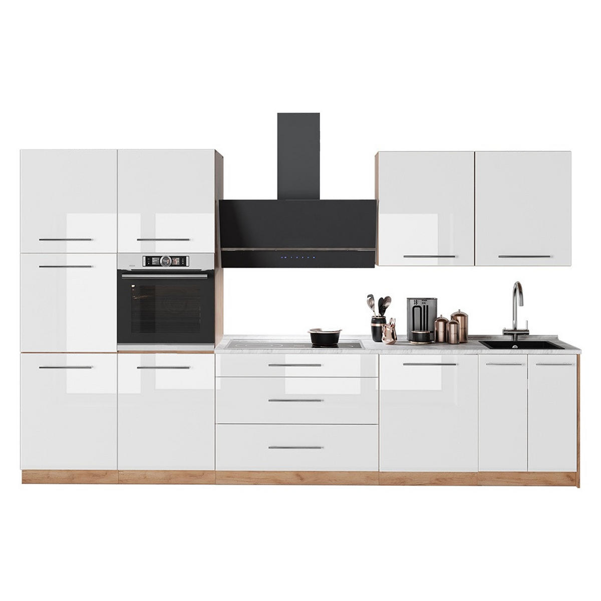 KÖK Fame-Line, Vit högblank/Goldkraft ek, 340 cm, AP Antracit - Honungsek/Vit högglans, Träbaserade material (340/206.8/60cm) - Vicco