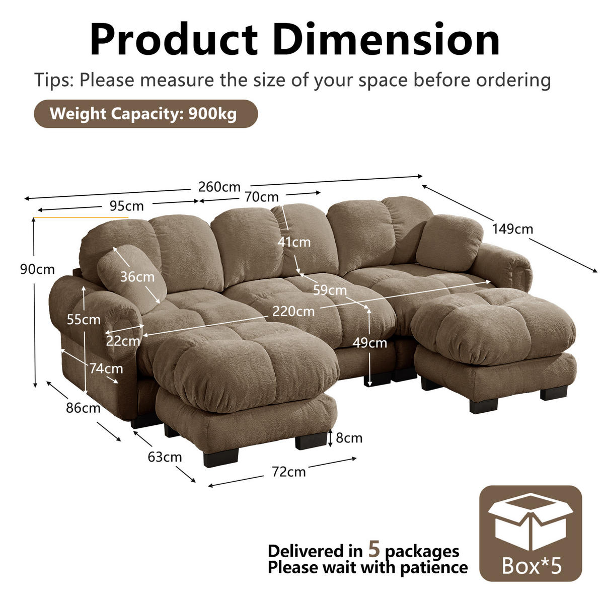 SOFA U-Form 3-Sitzer Chenille Braun mit beweglichem Hocker - Braun, Holz (149/90/260.1cm) - Meubliv