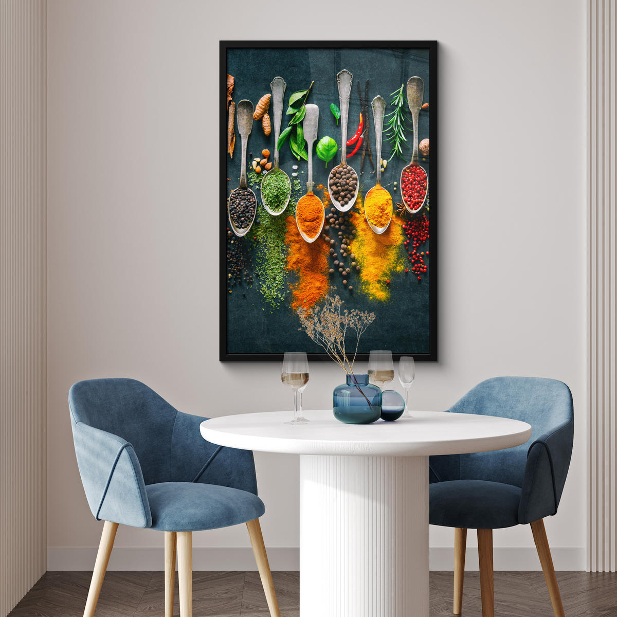 ZARÁMOVANÝ PLAGÁT Bylinky - korenie - lyžičky 60x90 cm - kari žltá, papier (60/90cm) - MuchoWow