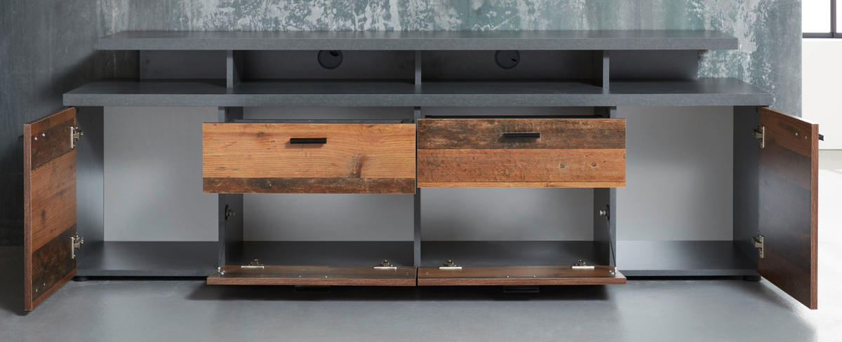 TV-LOWBOARD Old Used Wood Design mit grau Shabby 180 x 66 cm, TV Unterteil in Komforthöhe - Schwarz/Braun, Holzwerkstoff/Kunststoff (180/66/47cm) - Top.Furn