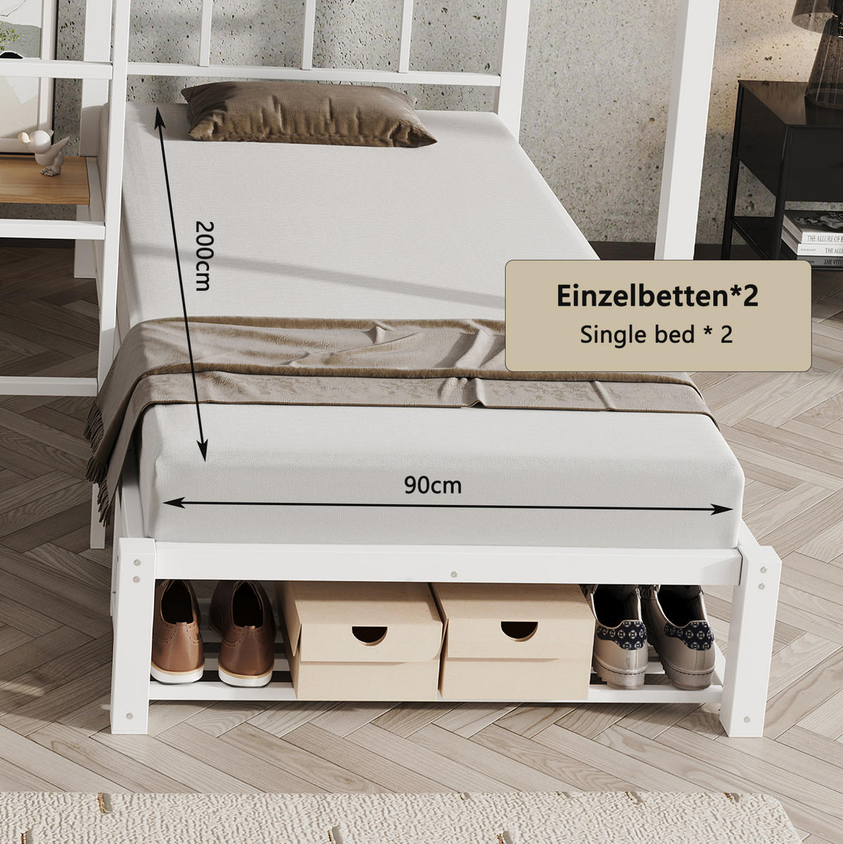 ETAGENBETT aus Metall und Holz 140x200/90x200 cm Weiß/Natur mit offenem Regal und Schuhablage - Weiß, Metall (140/200cm) - Modfu