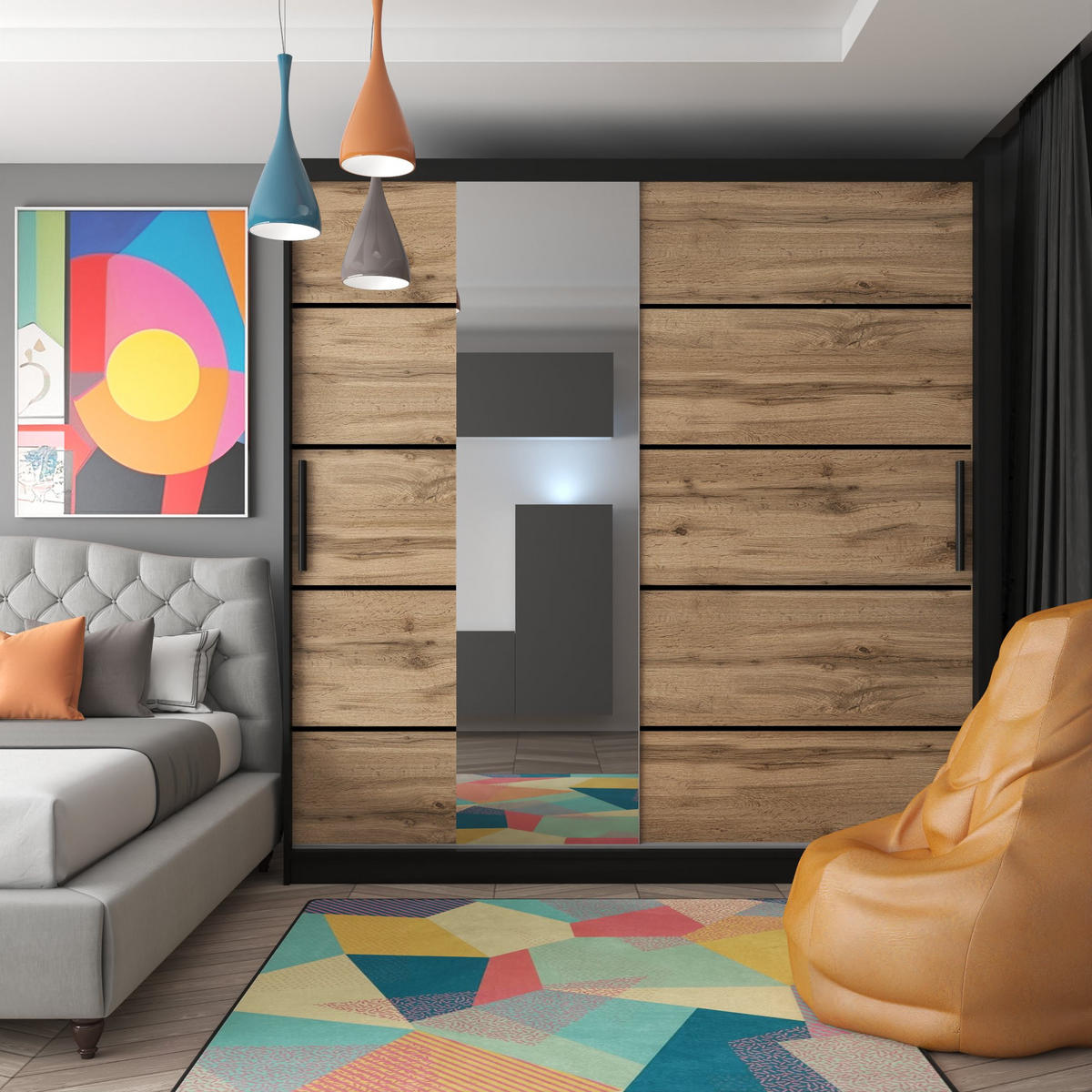 SCHWEBETÜRENSCHRANK Verona MBP, Schwarz/Goldbraun Matt, 200 cm, mit Spiegel - Braun, Holz (200/216/60cm) - B BELINI GROUP