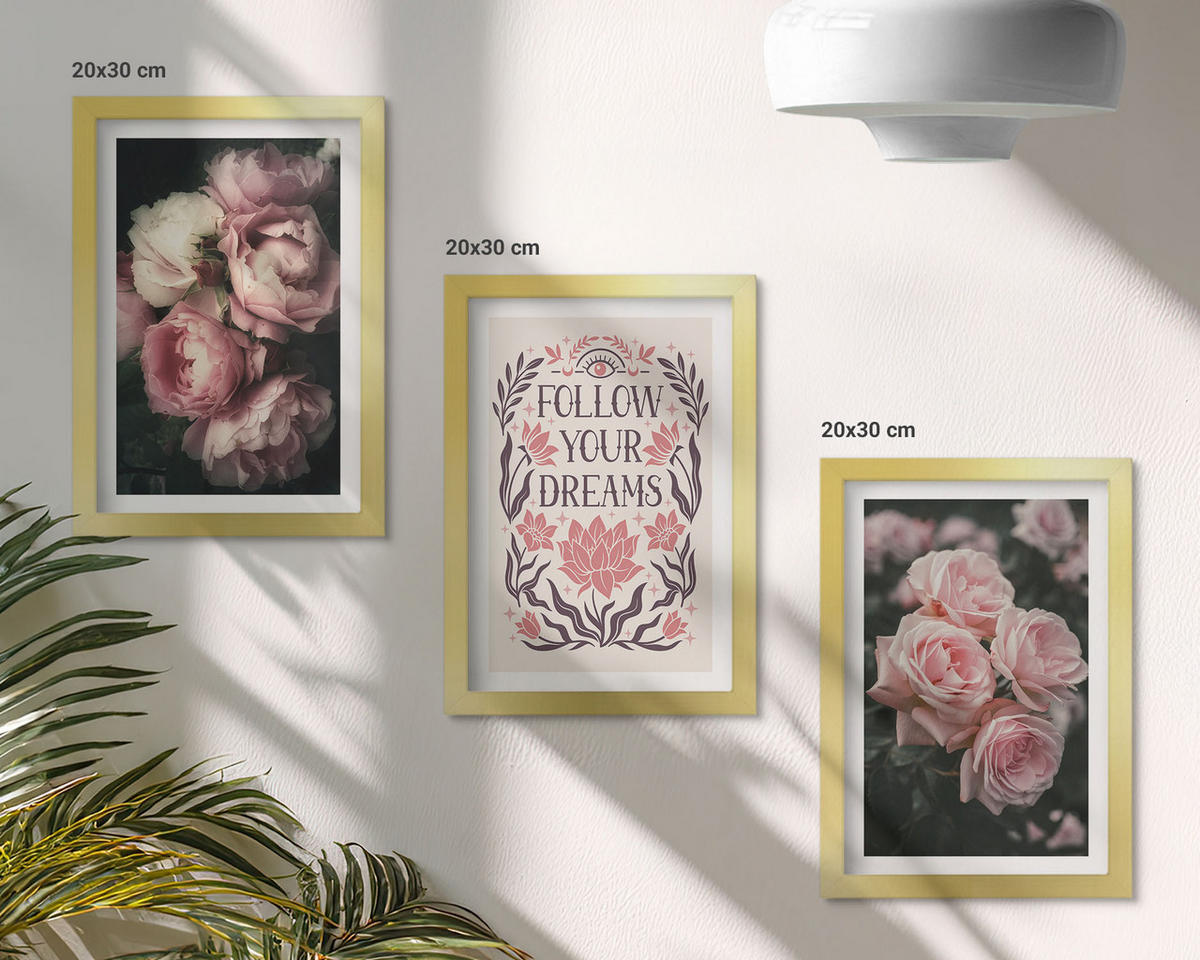 WANDBILDER 3er Set - 20x30 cm Goldrahmen - Vintage-Rosenträume-Inschrift - Goldfarben, Kunststoff (20/30cm) - ArtPrintCave