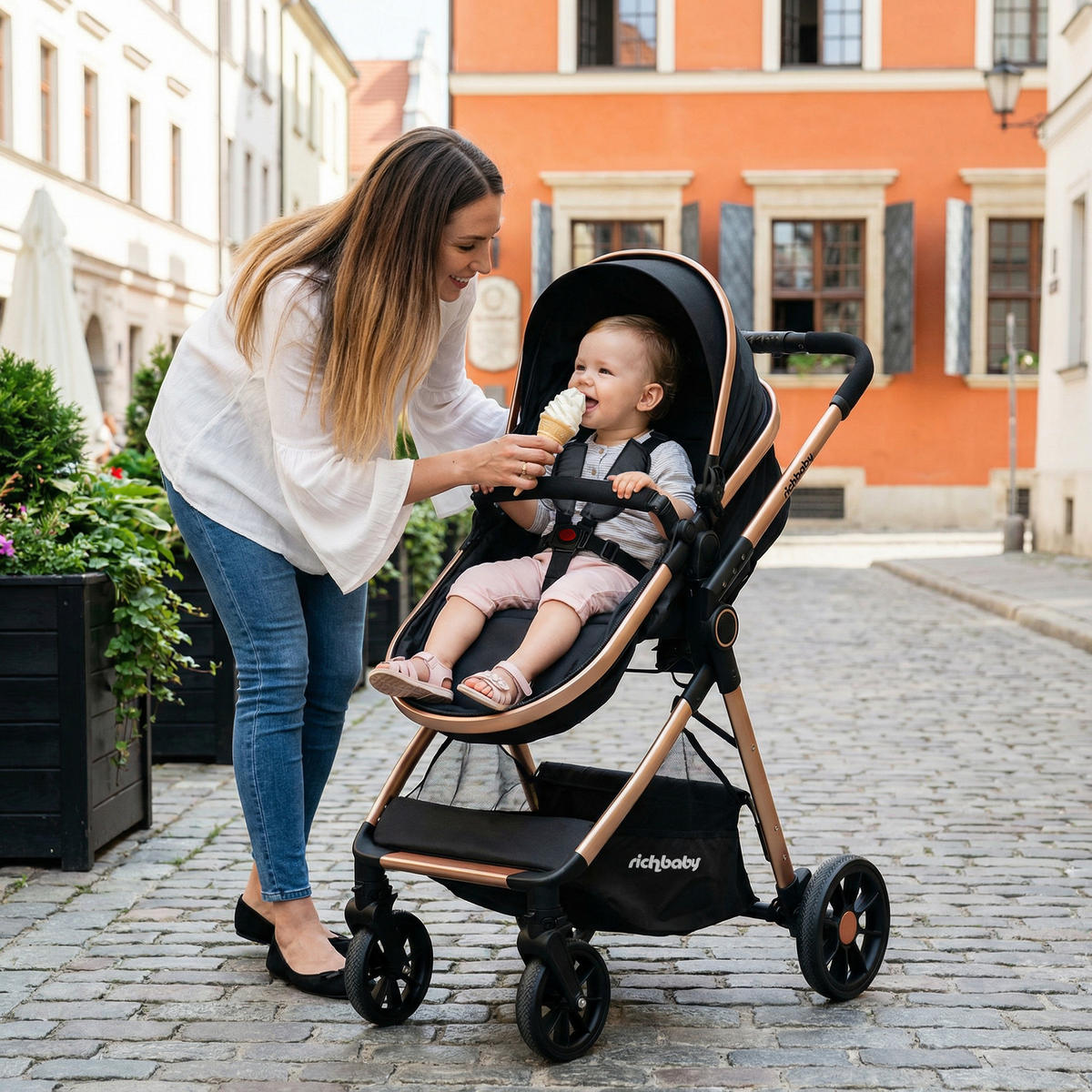 BUGGYS 2-in-1-Kombikinderwagen mit Babywanne 0-36 Monate kompakt faltbar - Schwarz, Metall (80/62/103cm) - Raelunyi