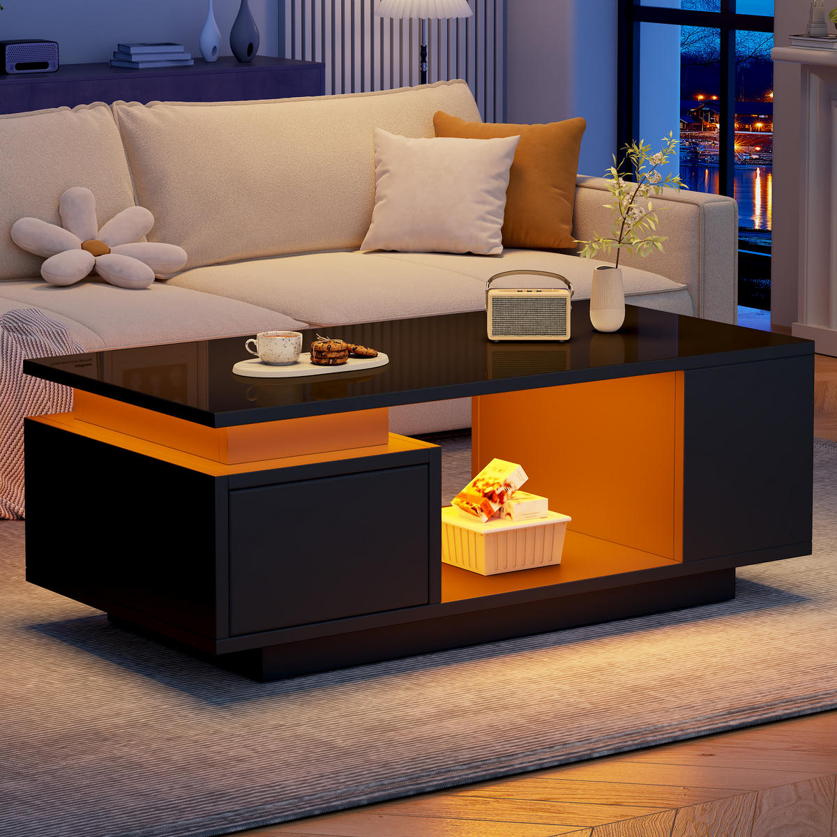 COUCHTISCH in Schwarz Kaffeetisch mit Schublade,LED & 4 Ablagefächern,Hochglanz Sofatisch für Wohnzimmer, B100/T50/H36cm - Schwarz, Holzwerkstoff (50/100/36cm) - STILVORA