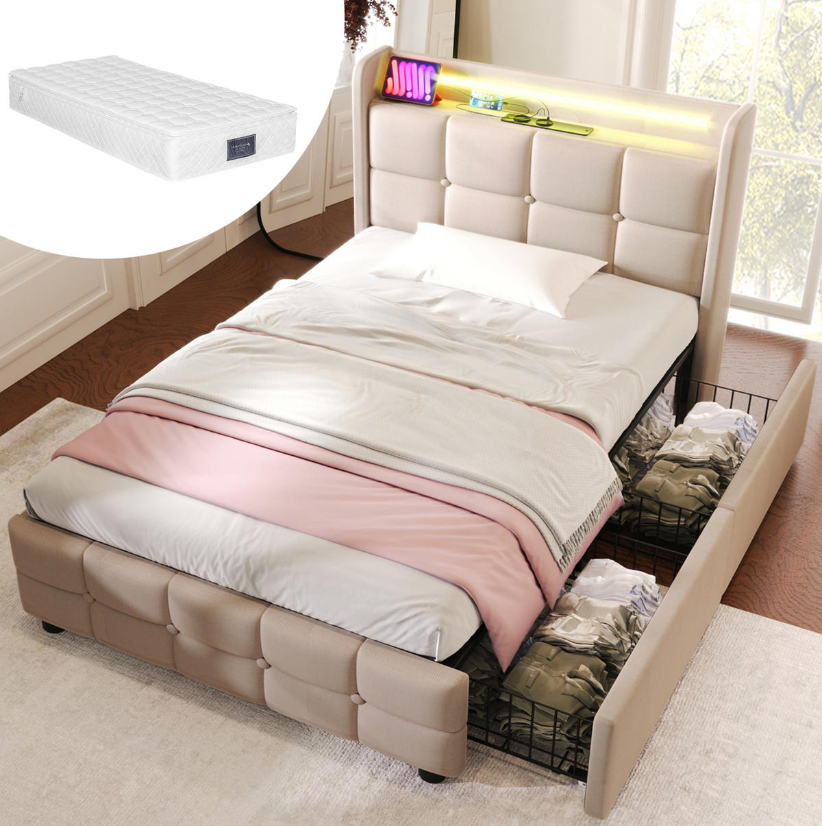 BETT mit USB, LED und 2 Schubladen 90x200 cm Beige inkl. Matratze - Beige, Holz (90/200cm) - Meubliv