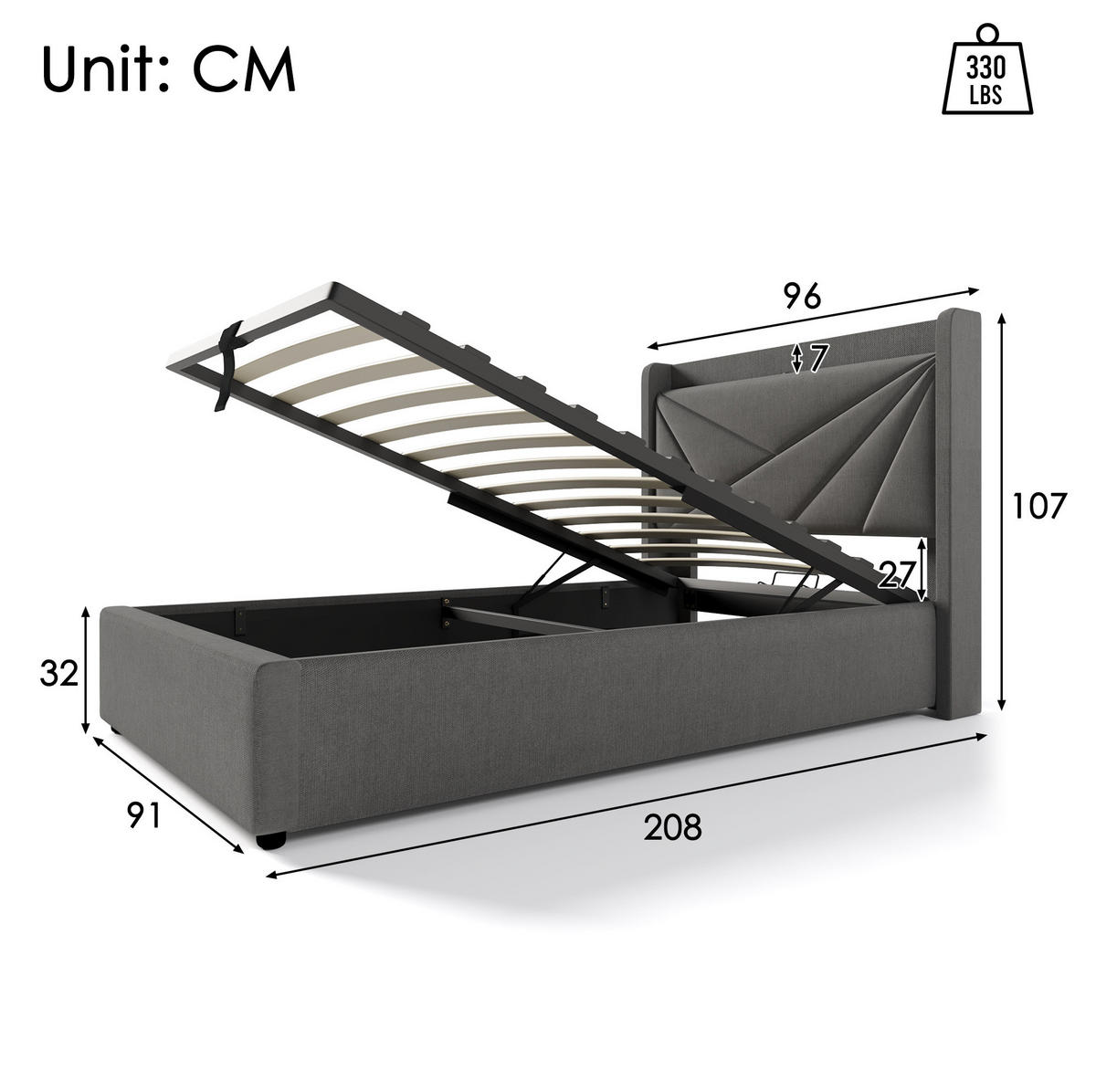 POLSTERBETT aus Baumwoll-Leinen 96x208x107 cm in Grau mit USB/Typ-C & Matratze - Grau, Textil (90/200cm) - Modfu