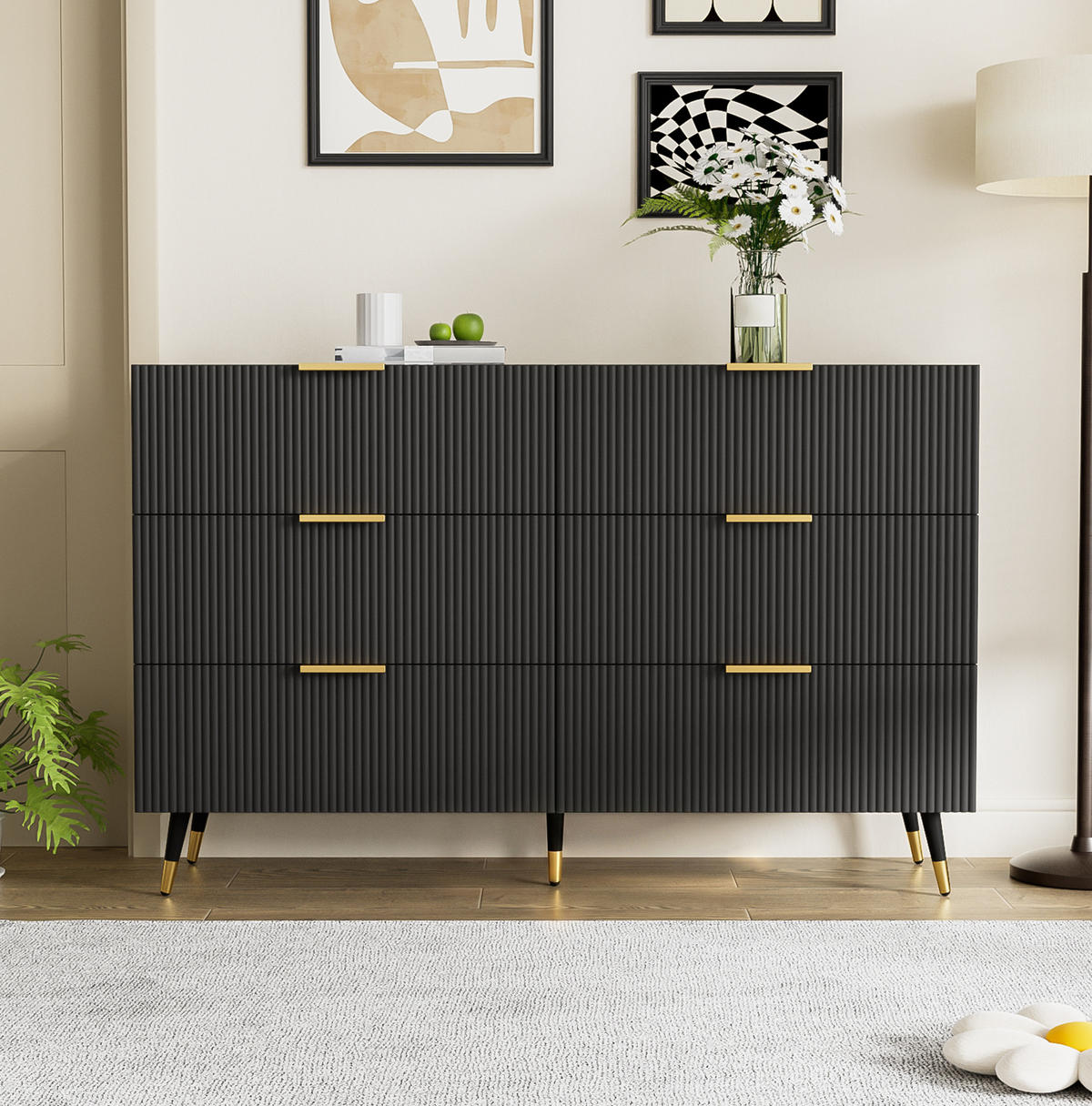 SIDEBOARD 120/77/40 cm Schwarz aus Spanplatte mit 6 Schubladen - Schwarz, Holzwerkstoff (40/77/120cm) - OKMYHOME
