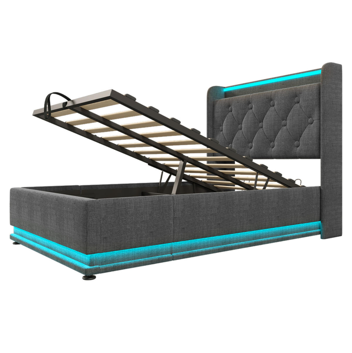 POLSTERBETT 90/200 cm Grau mit Stauraum, LED-Beleuchtung und USB- und Type-C-Anschlüssen - Grau, Textil (90/200cm) - Flora Grace