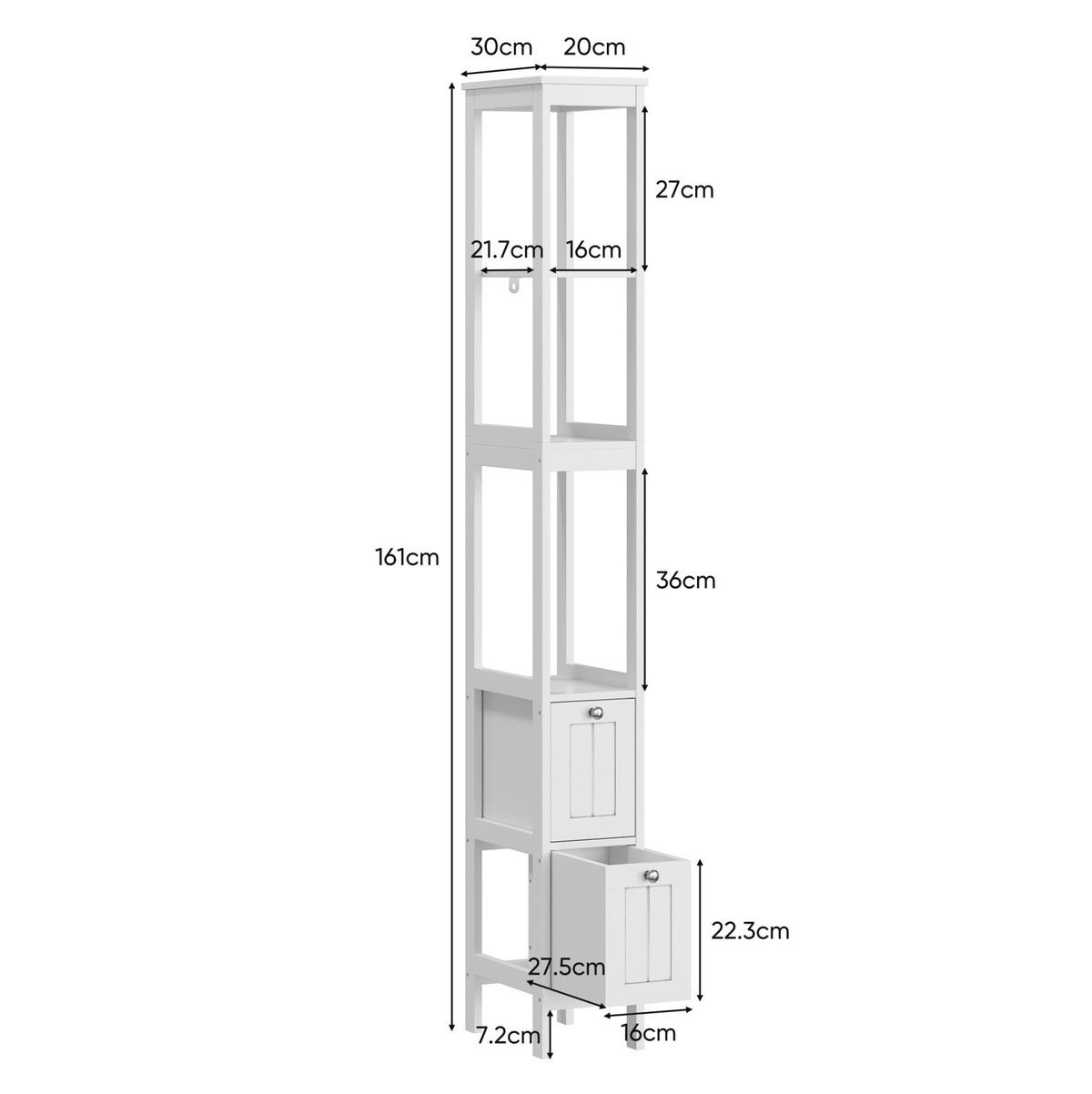 HOCHSCHRANK mit 2 Schubladen und 3 offenen Fächern, 20/30/160 cm, Weiß - Weiß, Holzwerkstoff (20/160/30cm) - Redom