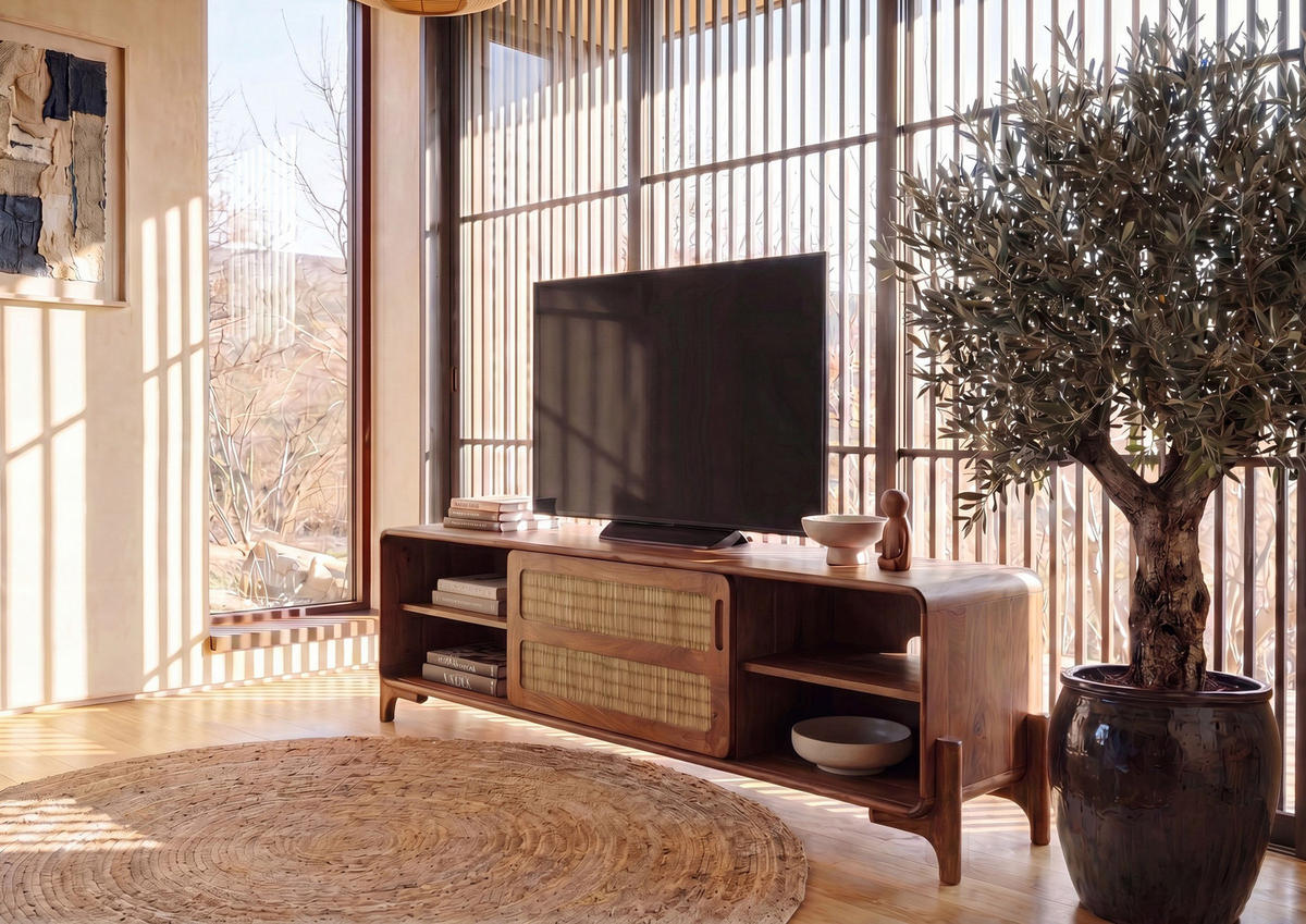 TV-BOARD Mango/Seegras 180x40x50 hellbraun lackiert MIZUMI #106 - Braun, Holz (180/50/40cm) - Massivmoebel24