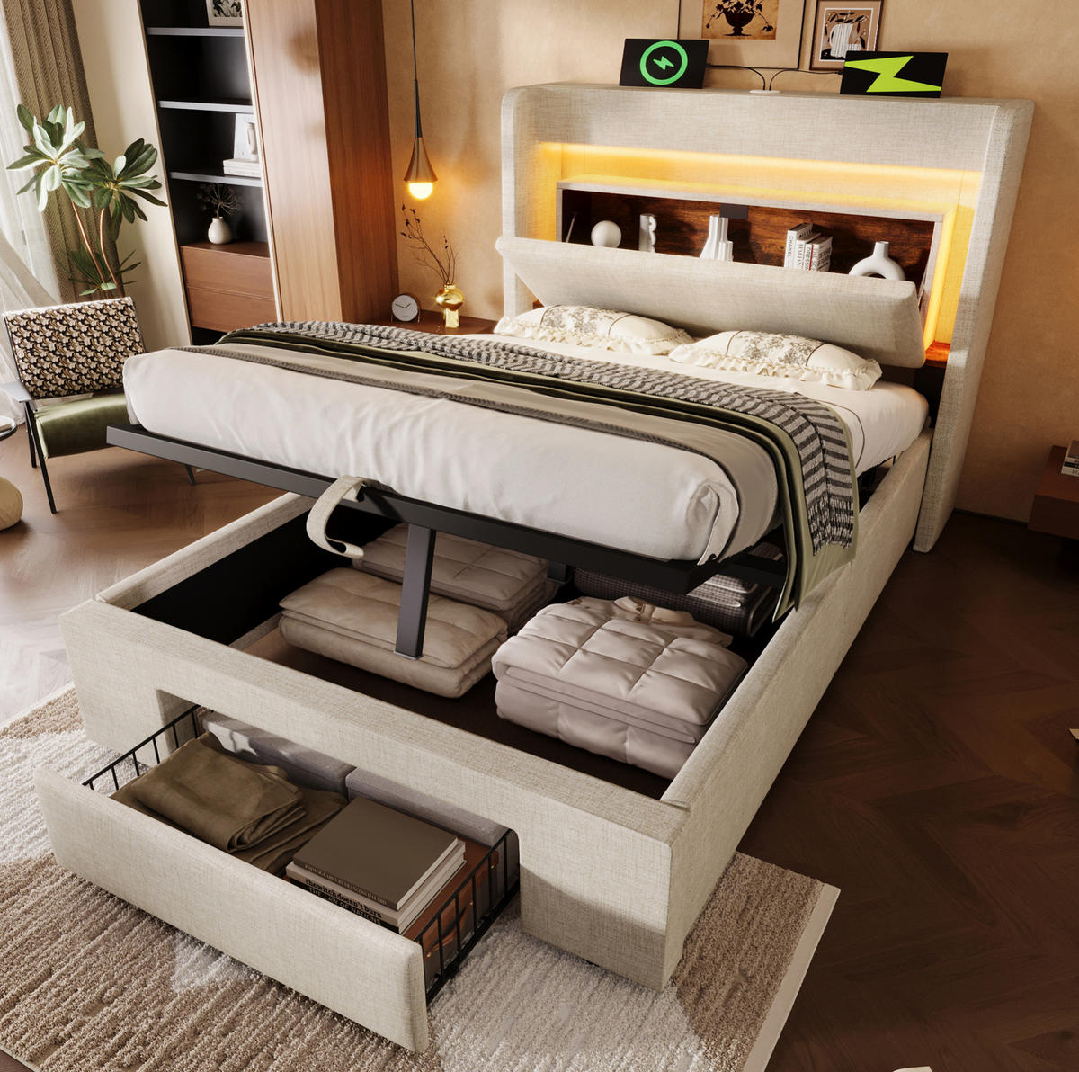 POLSTERBETT mit Stauraum 90x200 cm Leinen Beige mit LED - Beige, Metall (90/200cm) - Meubliv