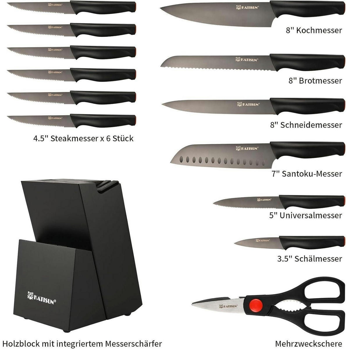 KÜCHENMESSERSET 15-teiliges Set mit integriertem Schärfer und Titannitrid-Beschichtung - Multicolor, Metall