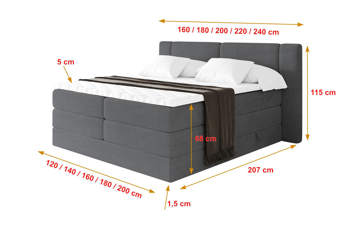 BOXSPRINGBETT mit Matratze H3/H4 - EVON KING - 140x200 cm Dunkelgrau - Graphitfarben, Holzwerkstoff (140/200cm) - ALTDECOR