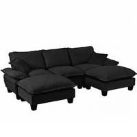 WOHNLANDSCHAFT aus Chenille 224x155x90 cm in Schwarz mit 2 Ottomanen & 2 Kissen - Schwarz, Textil (155/90/224cm) - Modfu