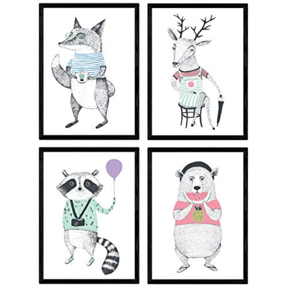 POSTER Set mit 4 Moderne skandinavische Tiere A4 Rahmenlos - Klar, Papier (29.7/3cm) - Nacnic