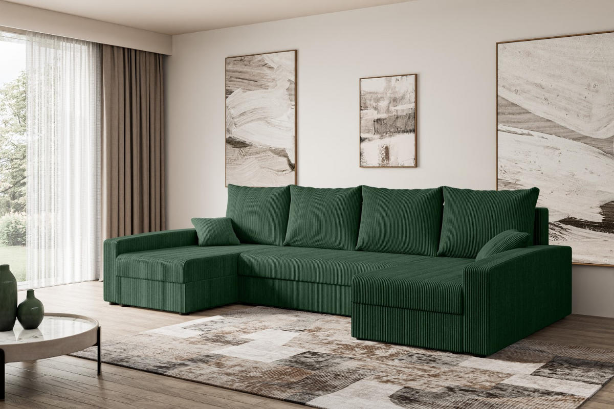 WOHNLANDSCHAFT mit Schlaffunktion und Bettkasten ALESIA-U 301x140x90 cm Grün Cord - Silberfarben/Grün, Holzwerkstoff/Kunststoff (301/90/140cm) - ALTDECOR