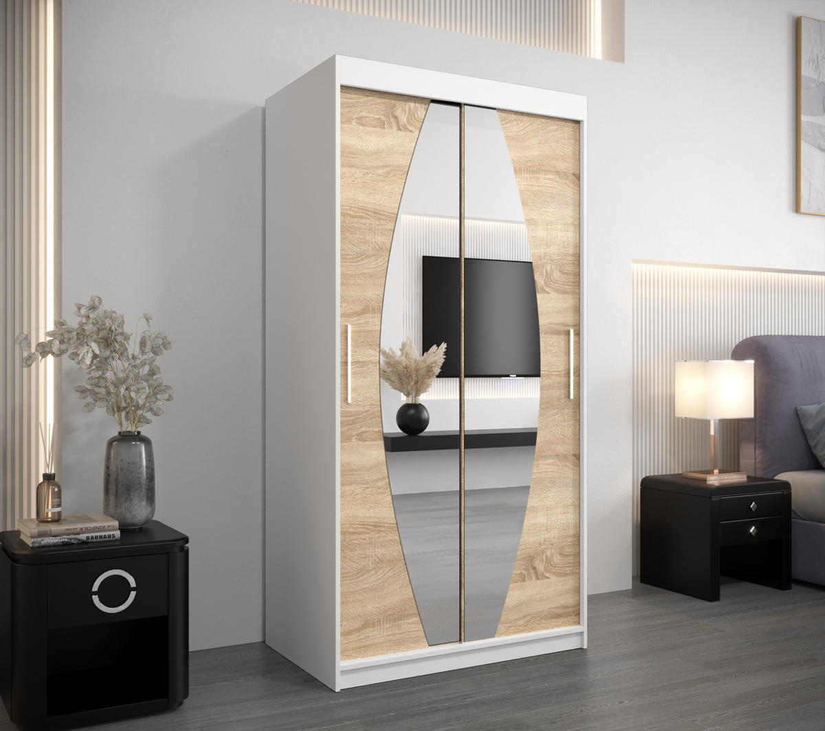 SCHWEBETÜRENSCHRANK 200/100/62 2-türig - Silberfarben/Weiß, Holz/Kunststoff (100/200/62cm) - Abiks Möbel