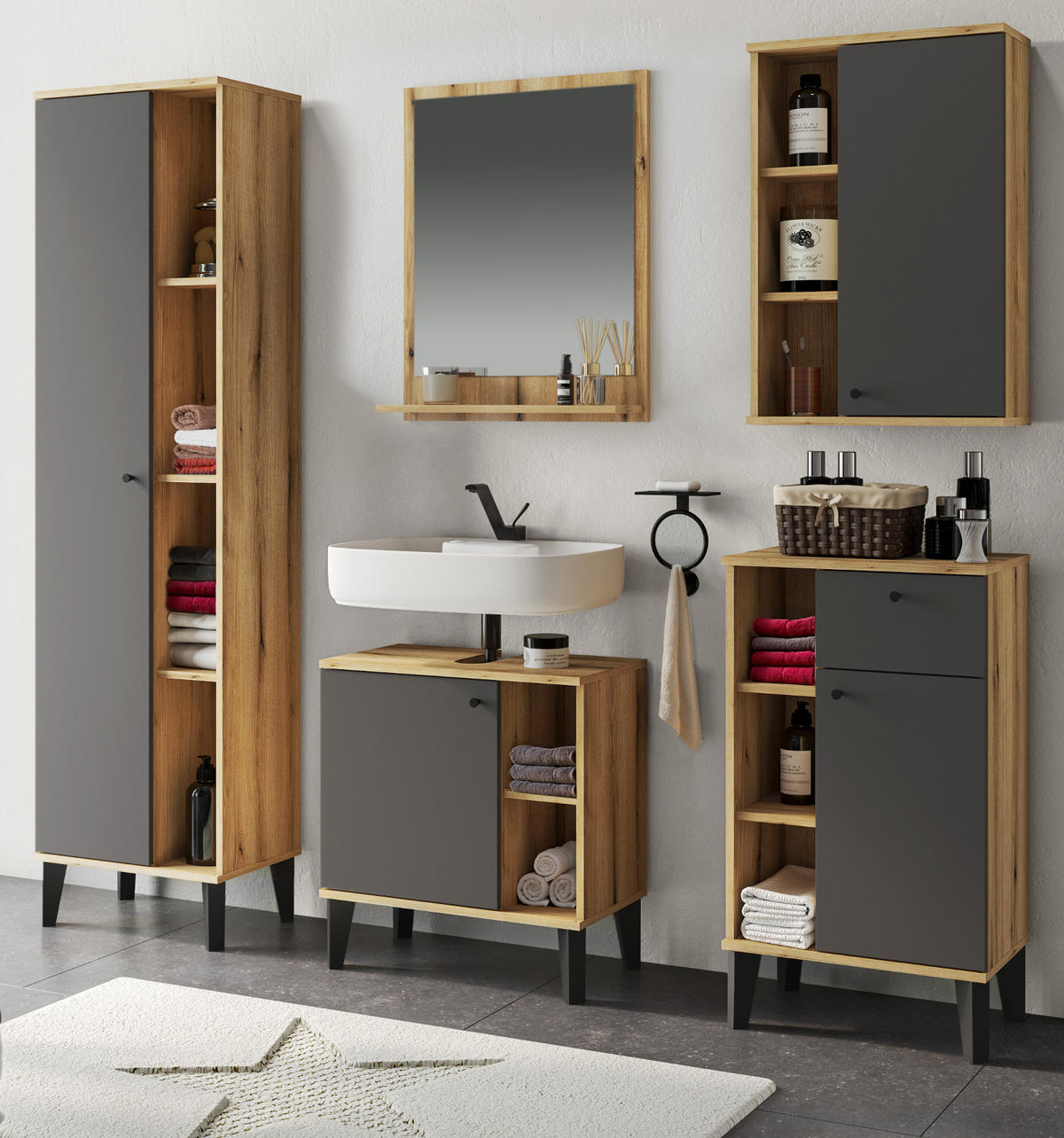 BADMÖBEL-SET 5-teilig grau, Evoke Eiche, Badkombination, 182 x 190 cm - Eichefarben/Grau, Glas/Holzwerkstoff (182/190/33cm) - Furn.Design