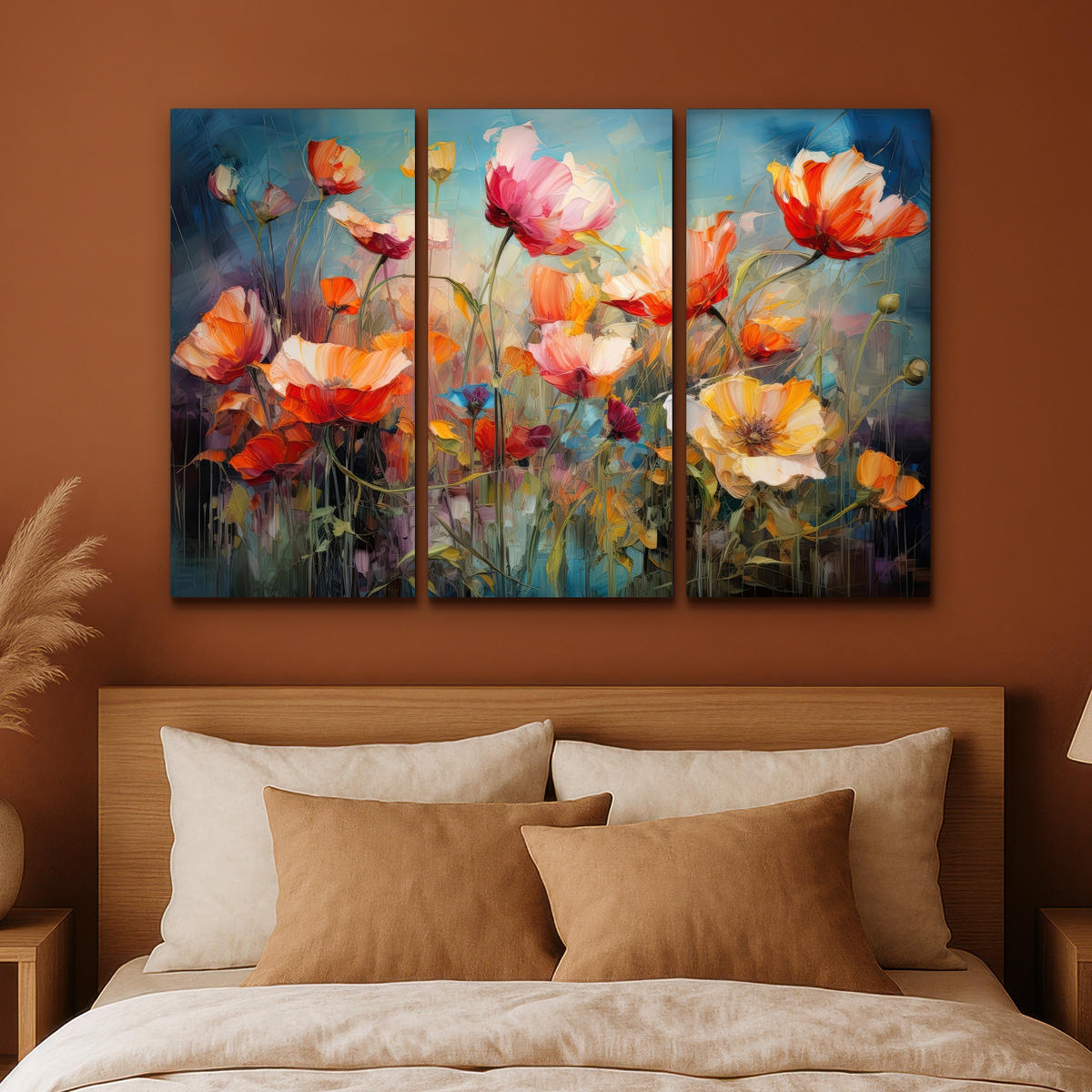 LEINWANDBILD 3er Set Blumen - Bunt - Abstrakt 150x100 cm - Blaugrau, Textil (150/100cm) - MuchoWow