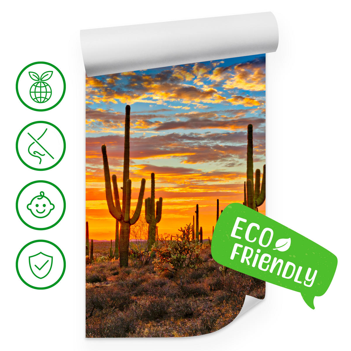 FOTOTAPETE für Wohnzimmer Wüsten Sonnenuntergang Kaktus Pflanzen 250x175 - Gelb/Beige, Papier (250/175cm) - Muralo