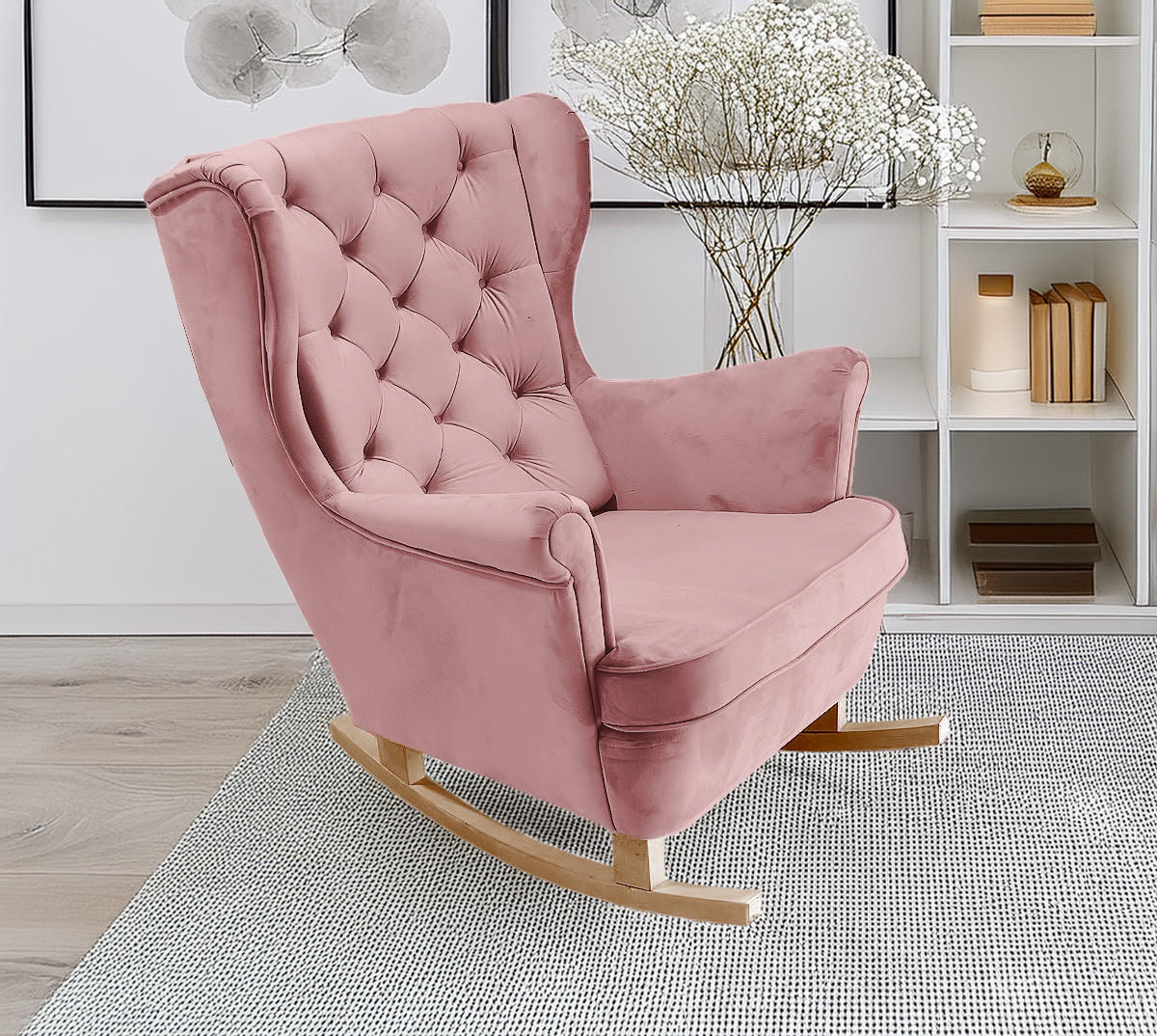 SCHAUKELSESSEL mit gepolstertem Sitz und Armlehnen, 102x81x95 cm, Pink_29838 - Buchefarben/Altrosa, Holz/Textil (81/102/95cm) - DomoHome